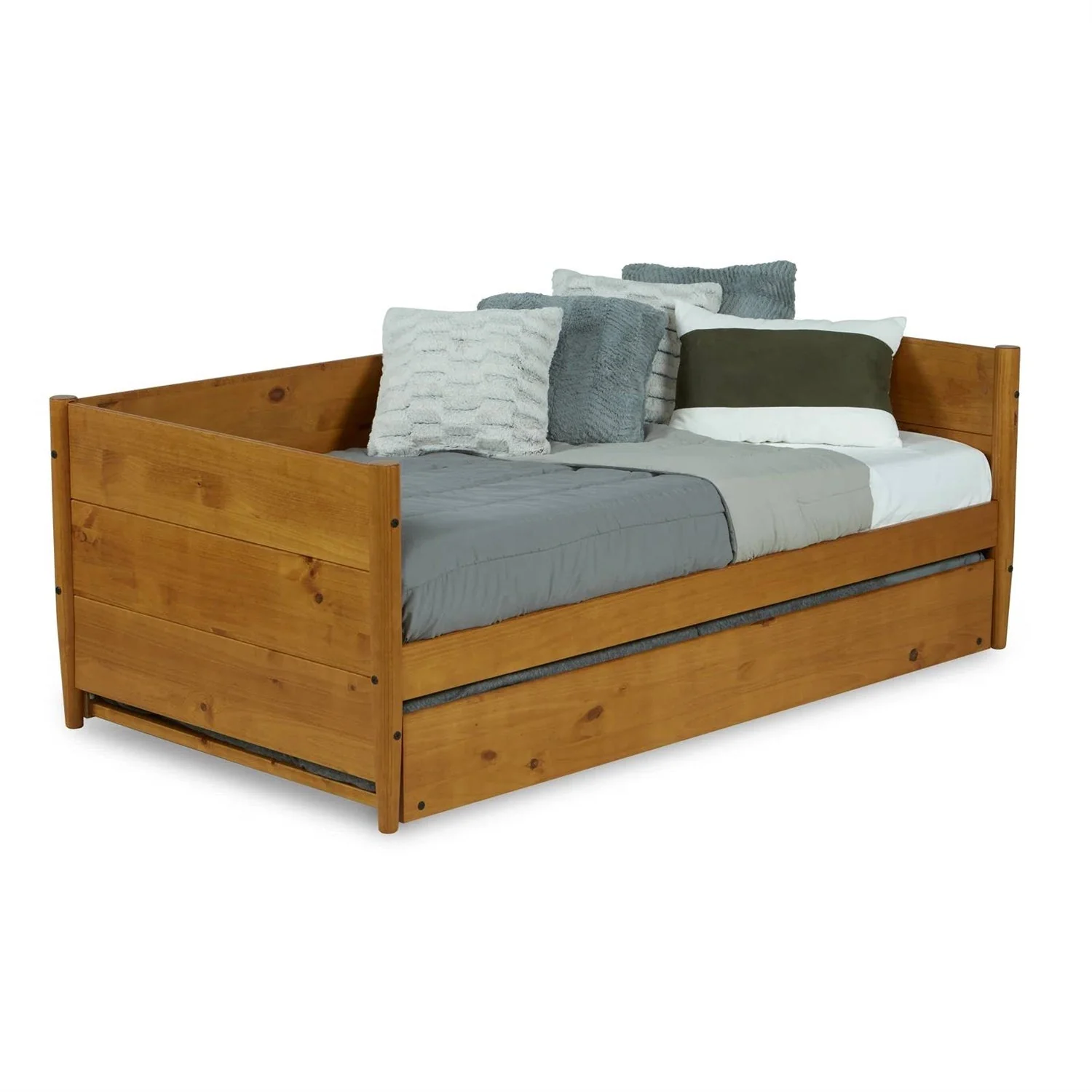 Twin size Solid Wood Daybed with Roll Out Trundle Bed Frame in Medium Brown - Image 3