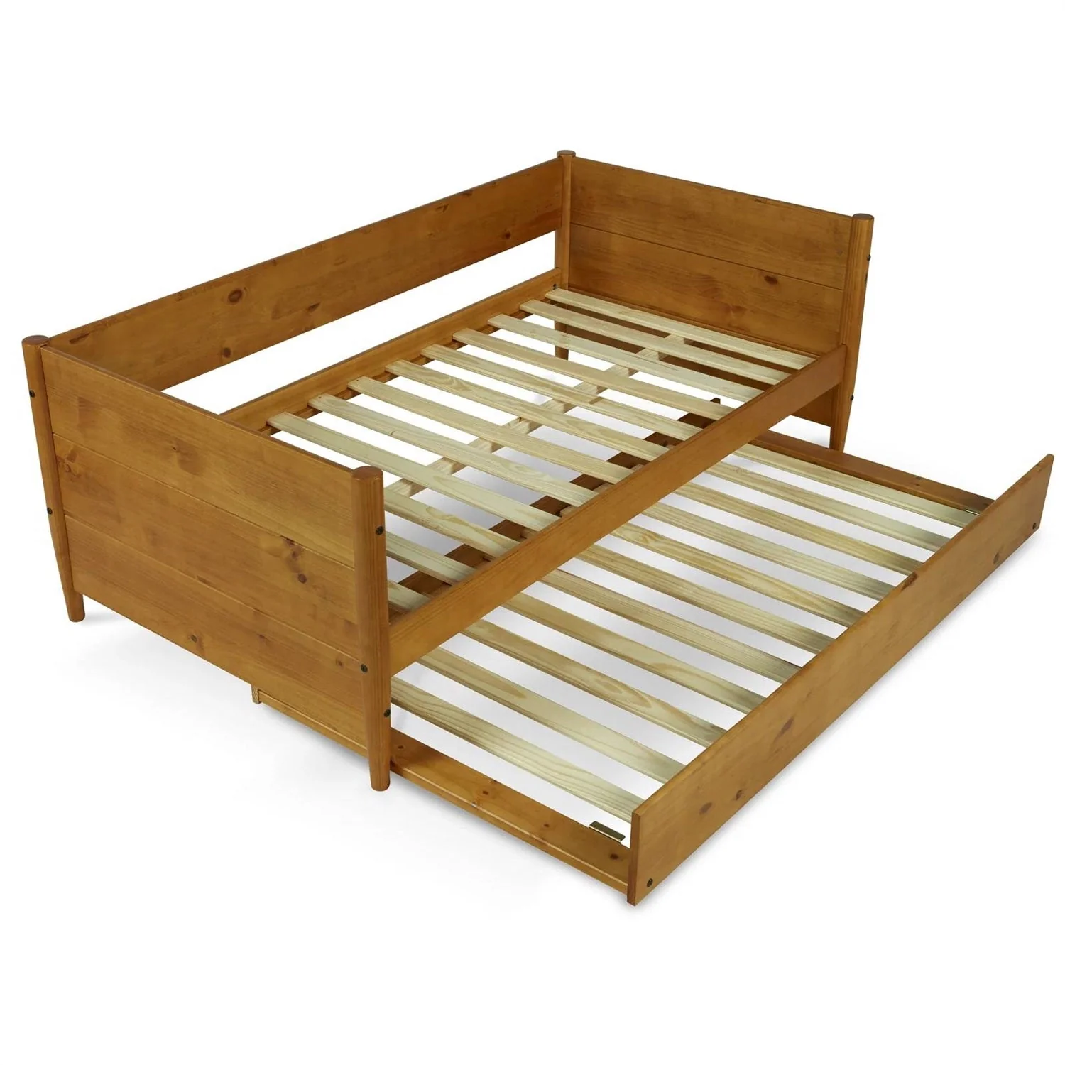 Twin size Solid Wood Daybed with Roll Out Trundle Bed Frame in Medium Brown - Image 4