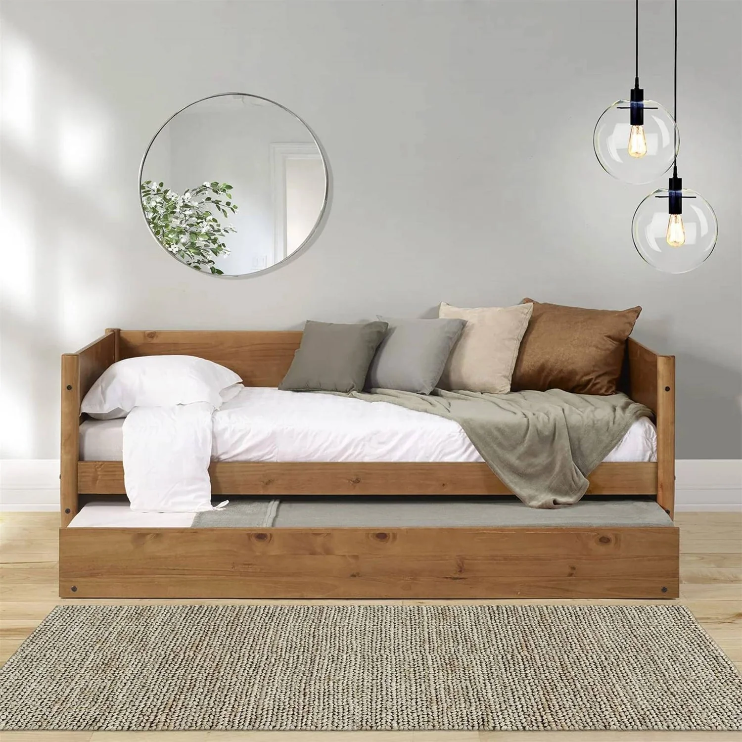 Twin size Solid Wood Daybed with Roll Out Trundle Bed Frame in Medium Brown - Image 5