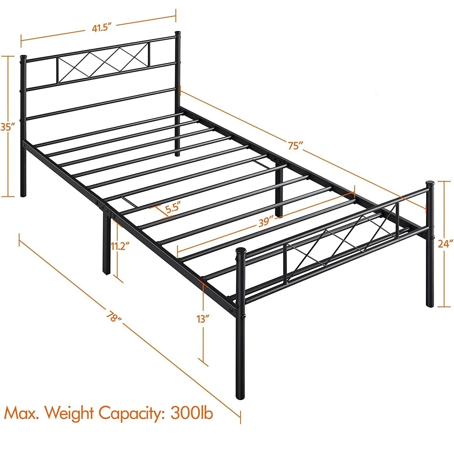 Twin Size Traditional Powder Coated Slatted Metal Platform Bed - Image 5