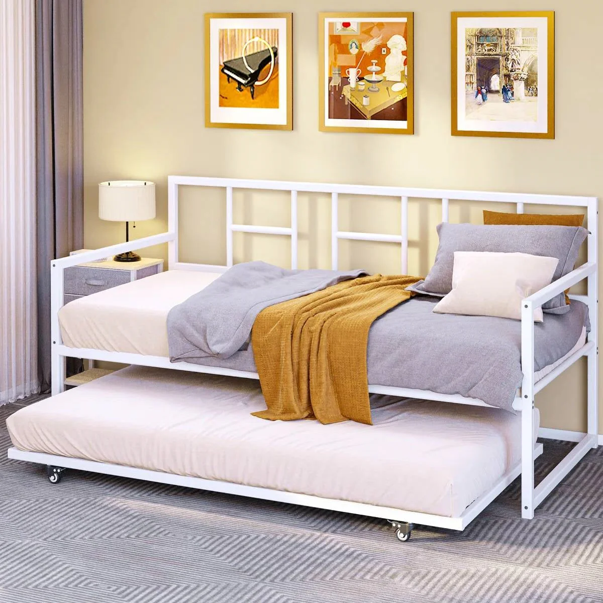 Twin size White Metal Daybed Frame with Roll Out Trundle Bed Frame - Image 2