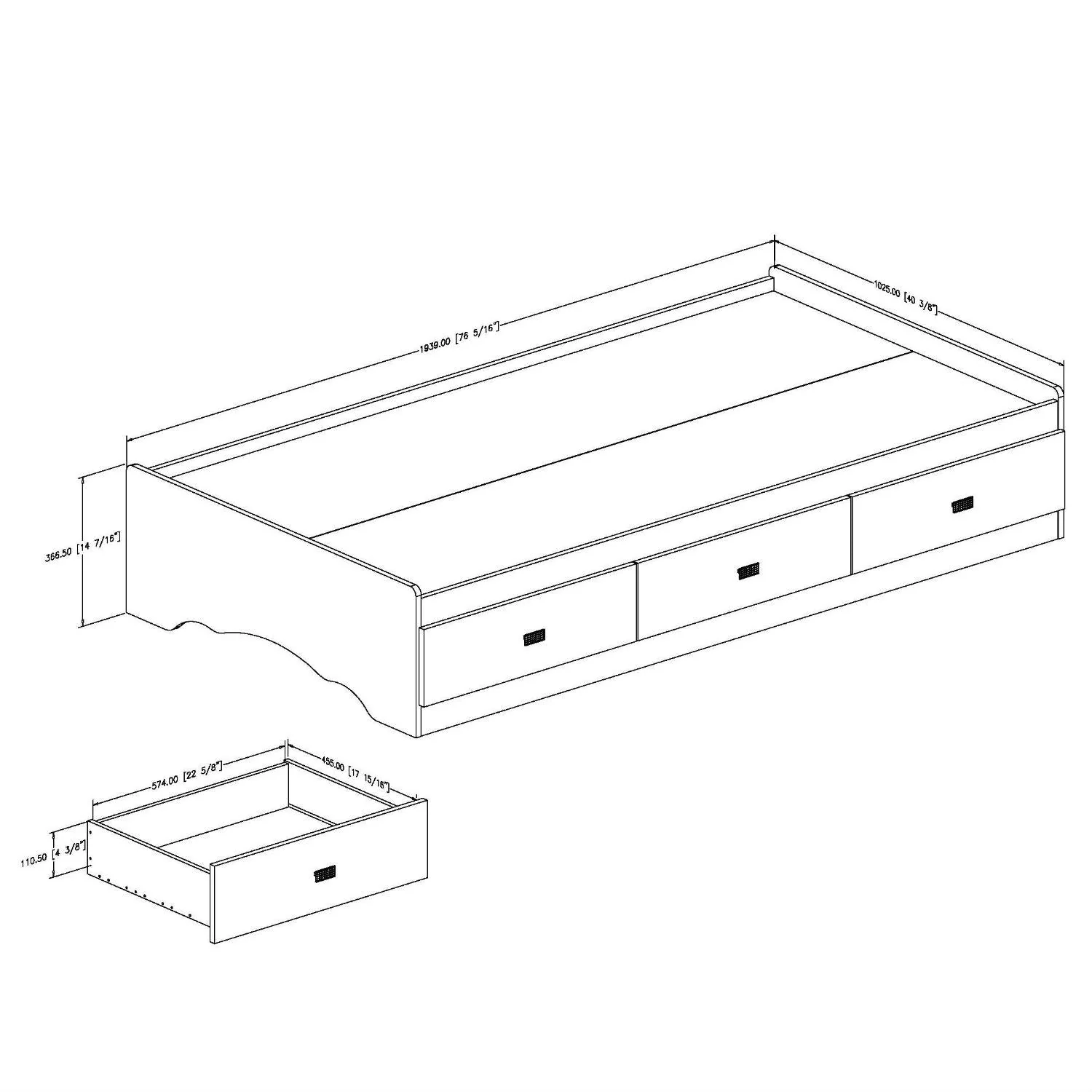 Twin size White Platform Bed Frame with 3 Storage Drawers - Image 3