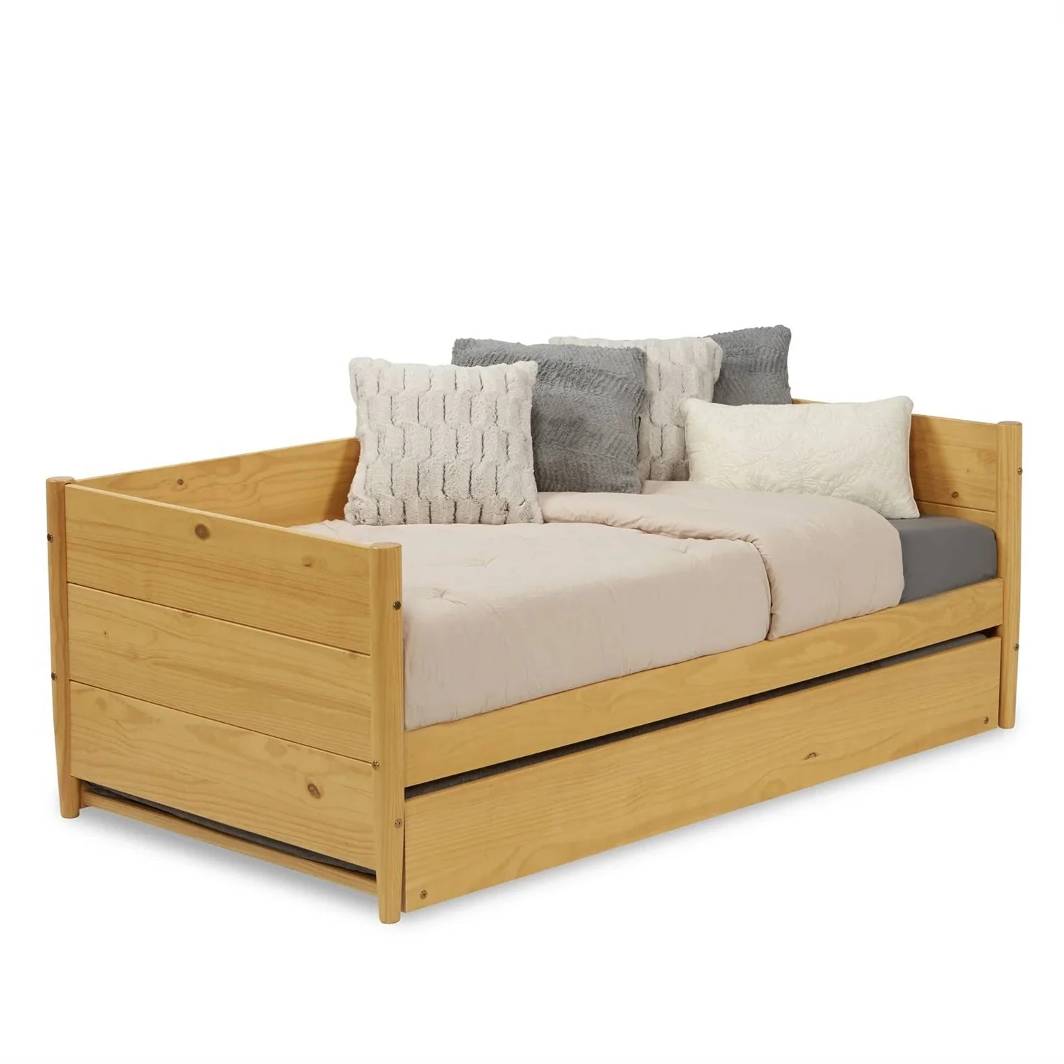 Twin Solid Wood Daybed with Roll Out Trundle Bed Frame in Light Yellow Brown - Image 2