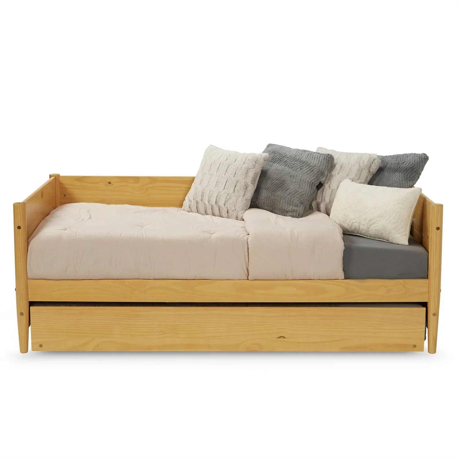 Twin Solid Wood Daybed with Roll Out Trundle Bed Frame in Light Yellow Brown - Image 4