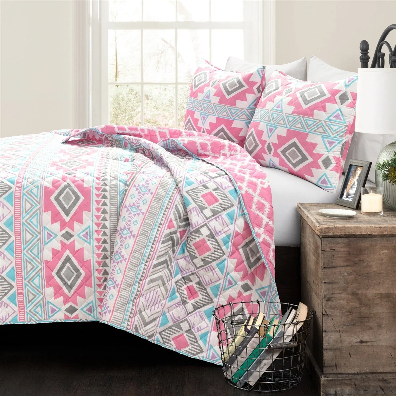 Twin Southwest Indian Style Polyester Pink Blue Striped Reversible Quilt Set - Image 2