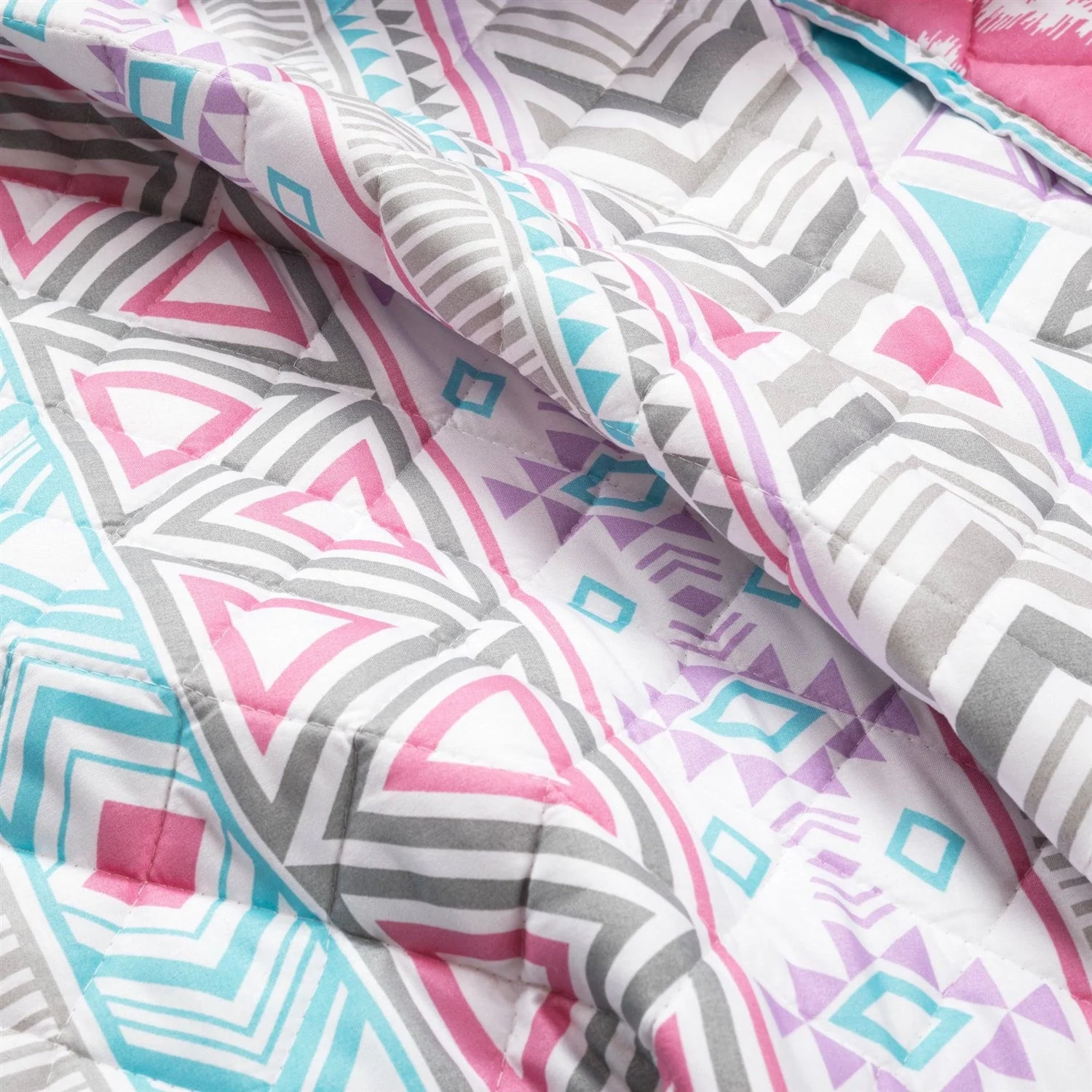 Twin Southwest Indian Style Polyester Pink Blue Striped Reversible Quilt Set - Image 3