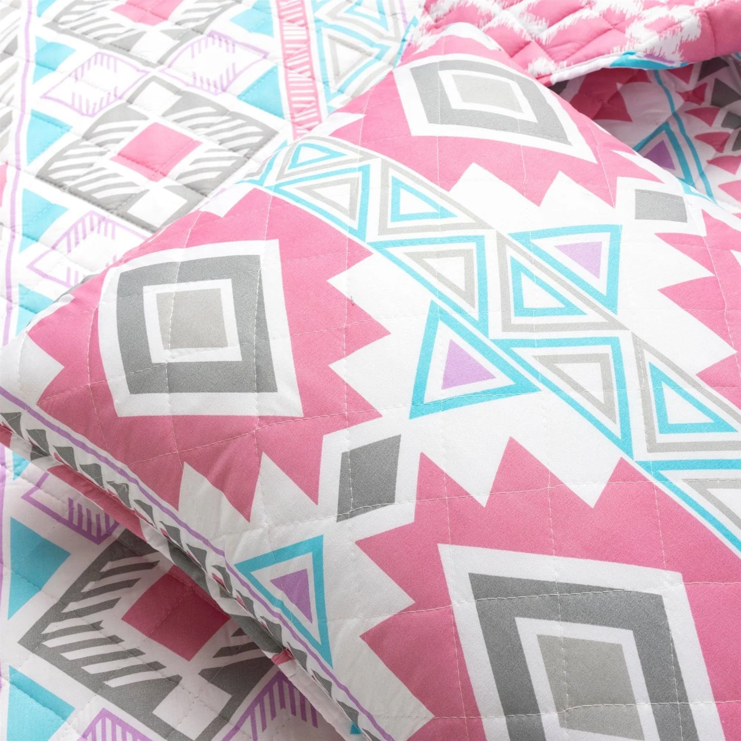 Twin Southwest Indian Style Polyester Pink Blue Striped Reversible Quilt Set - Image 4