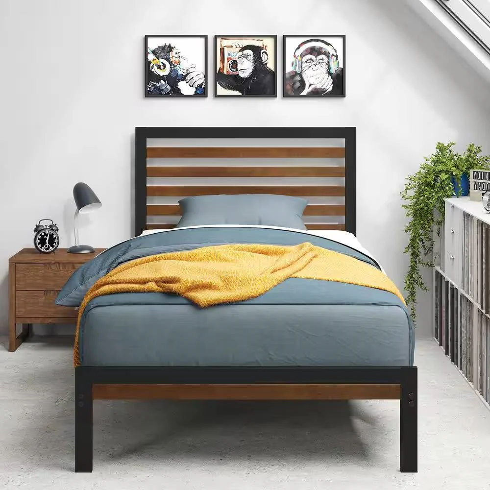 Twin Student Dorm Black Metal Platform Bed Frame with Brown Wood Slat Headboard - Image 2