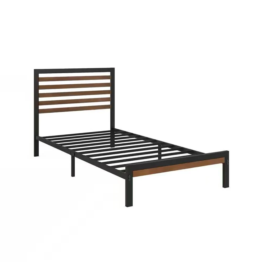 Twin Student Dorm Black Metal Platform Bed Frame with Brown Wood Slat Headboard - Image 3