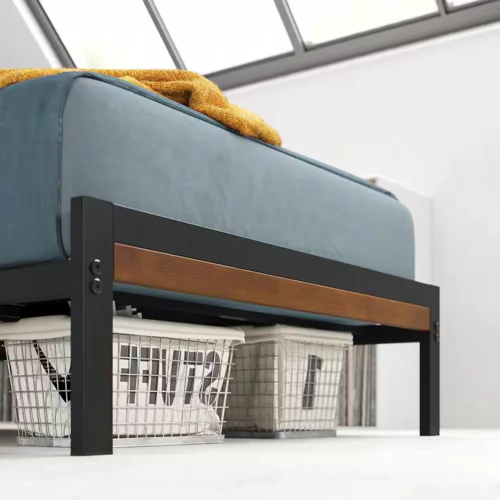 Twin Student Dorm Black Metal Platform Bed Frame with Brown Wood Slat Headboard - Image 4