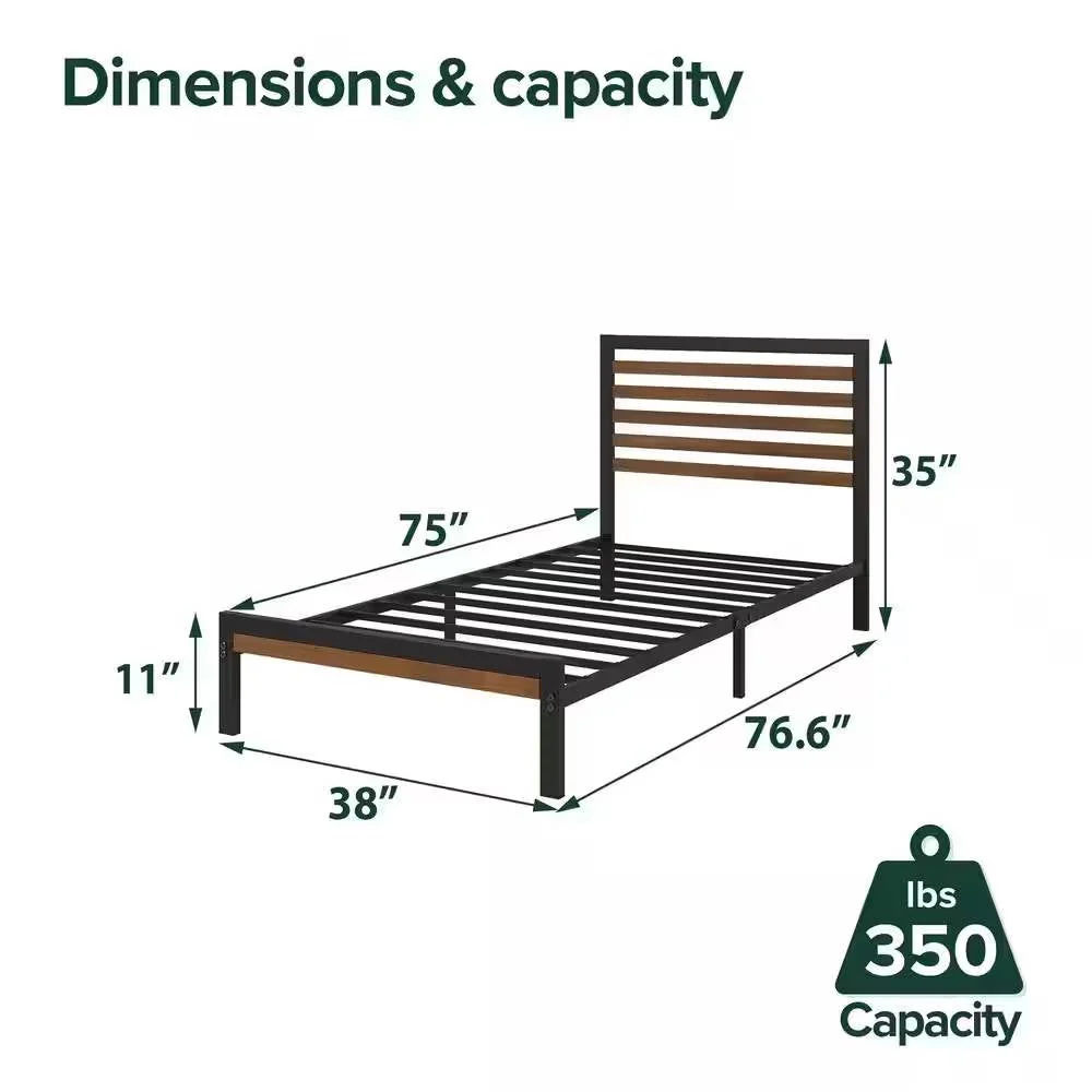 Twin Student Dorm Black Metal Platform Bed Frame with Brown Wood Slat Headboard - Image 5
