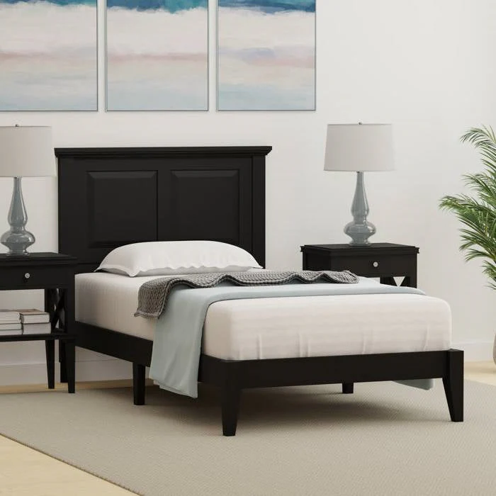 Twin Traditional Solid Oak Wooden Platform Bed Frame with Headboard in Black - Image 3