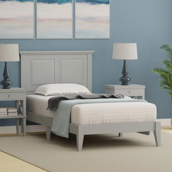 Twin Traditional Solid Oak Wooden Platform Bed Frame with Headboard in Grey - Image 4