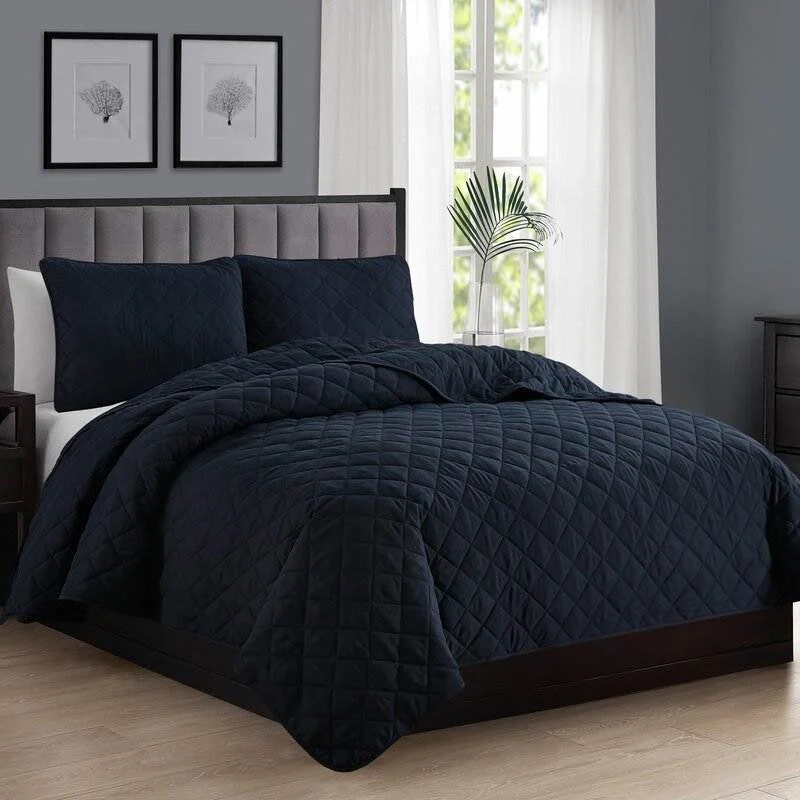 Twin/Twin XL 2-Piece Navy Blue Polyester Microfiber Reversible Diamond Quilt Set - Image 2
