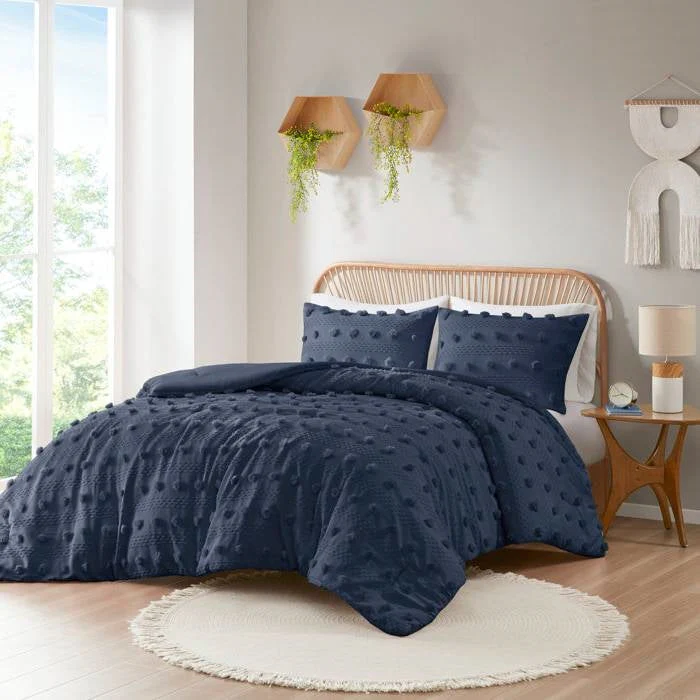 Twin/Twin XL 2 Piece Navy Pompom Microfiber Hypoallergenic Comforter Set - Image 2