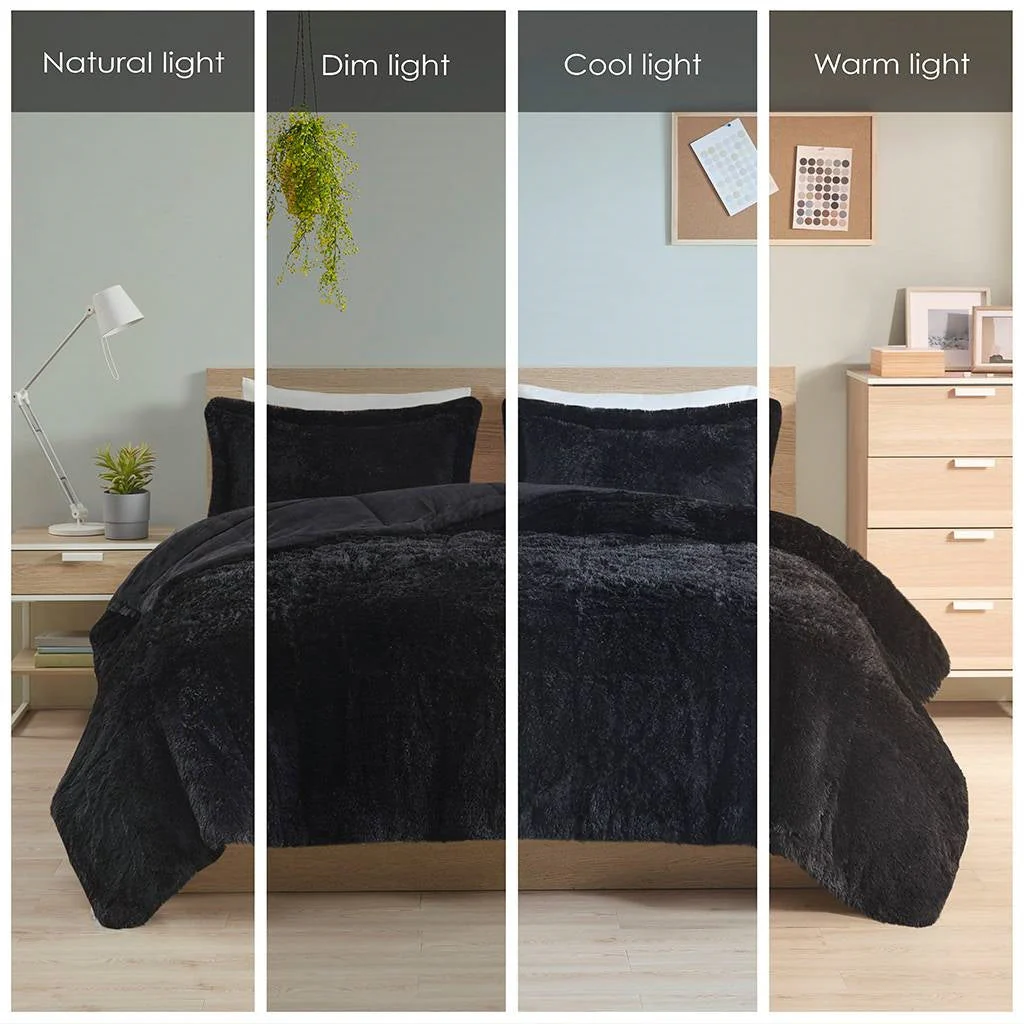 Twin/Twin XL Black Soft Sherpa Faux Fur 2-Piece Comforter Set with Shams - Image 5