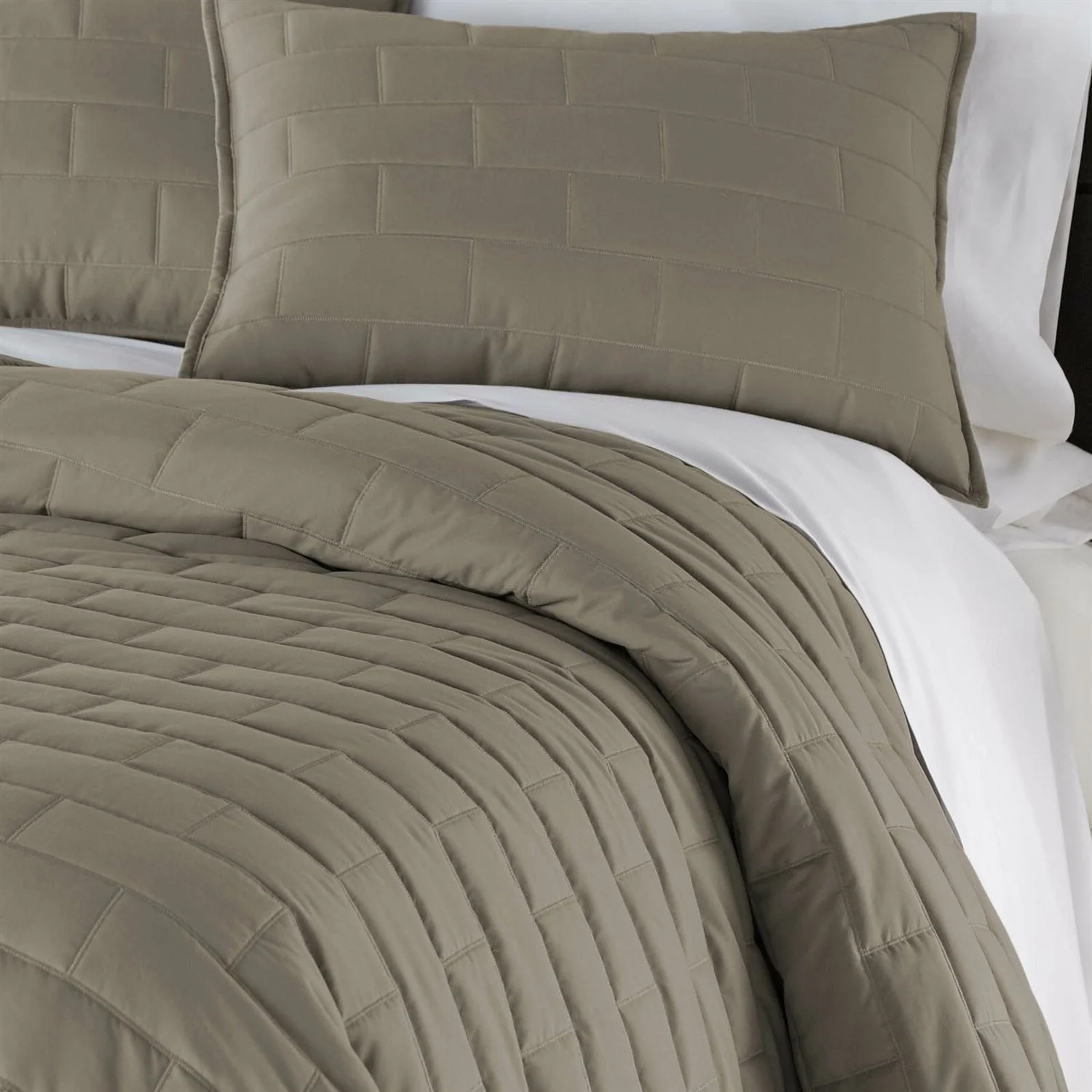 Twin/Twin XL Modern Brick Stitch Microfiber Reversible 2 Piece Comforter Set in Taupe - Image 2