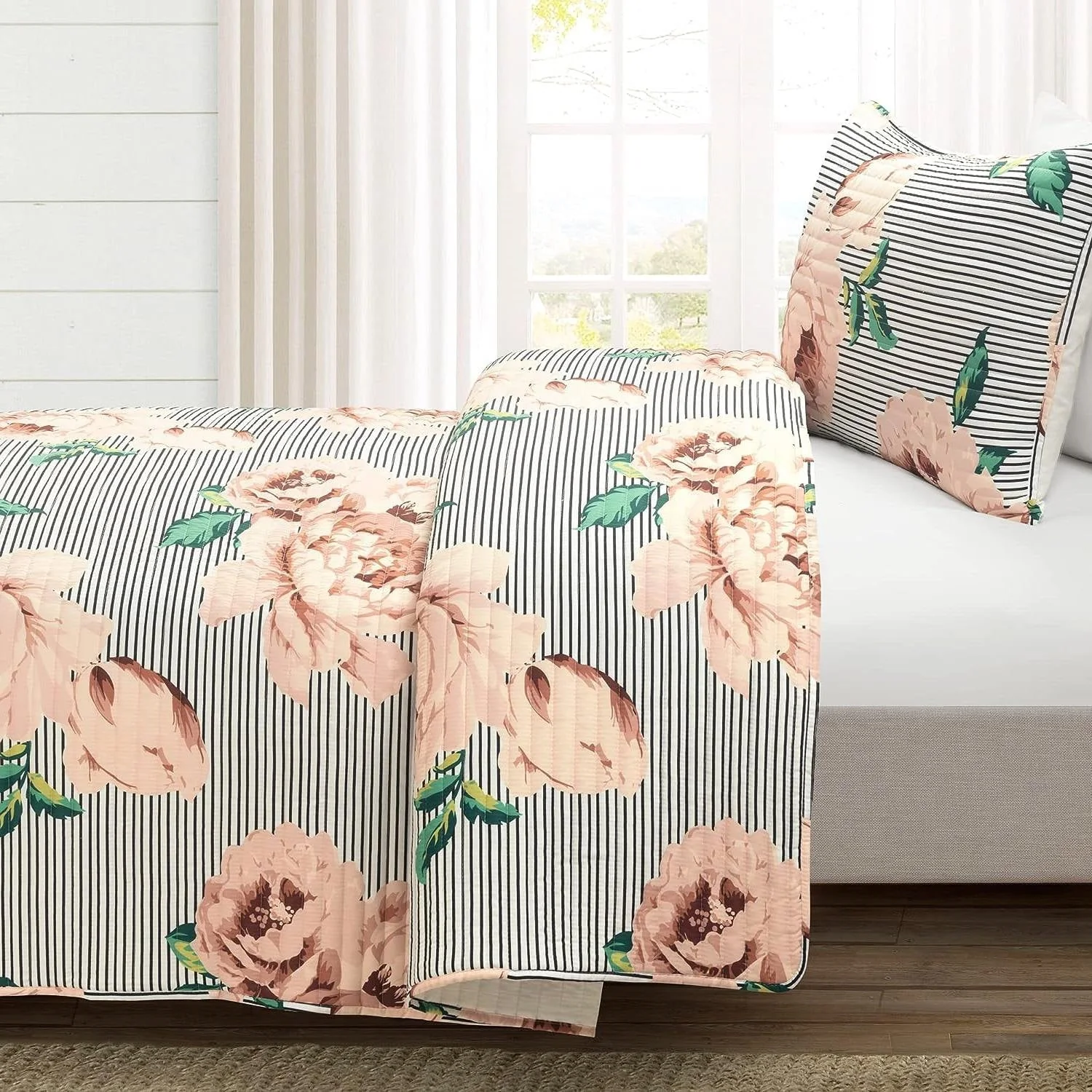Twin/Twin XL Size Polyester Black White Striped Rose Floral 2 Piece Quilt Set - Image 2