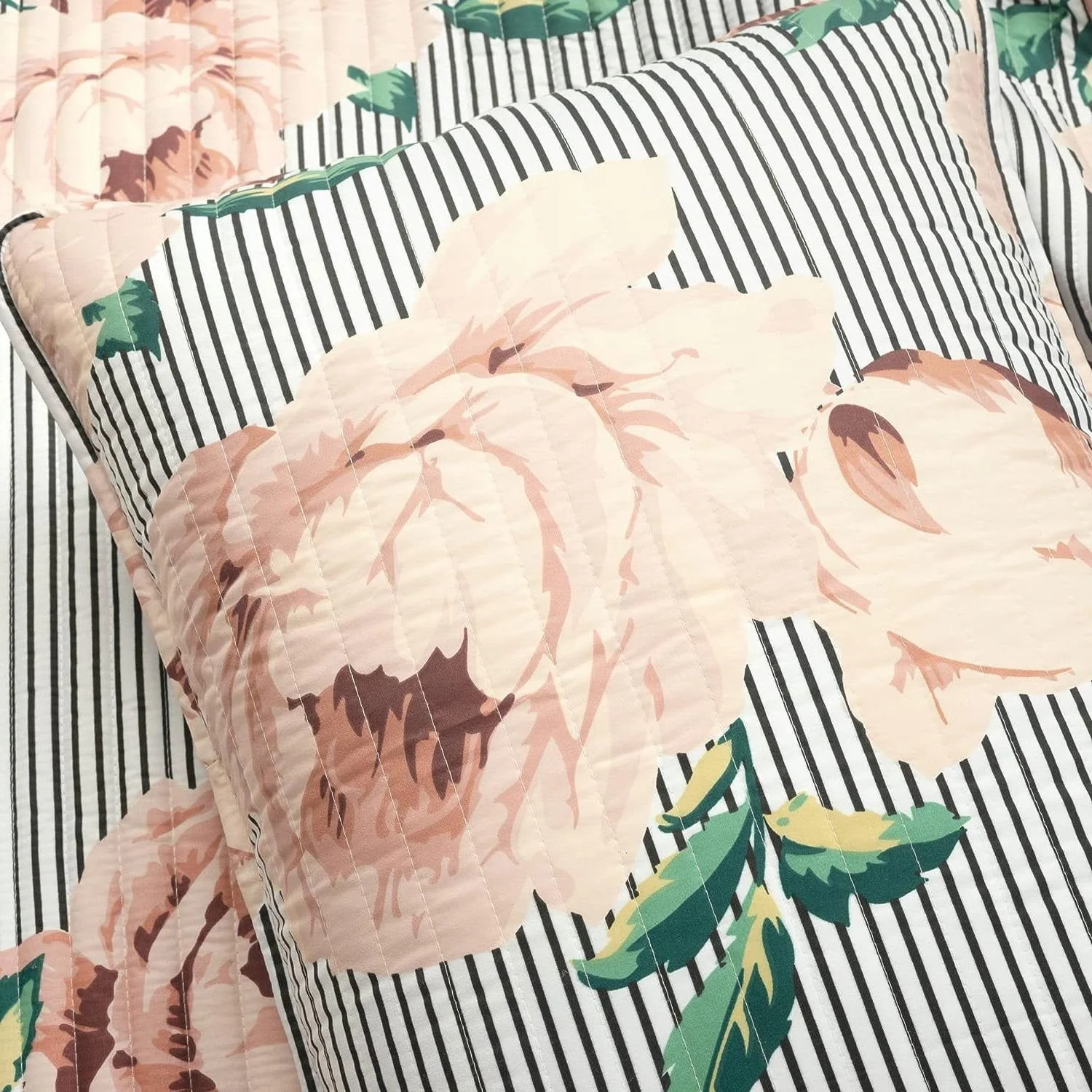 Twin/Twin XL Size Polyester Black White Striped Rose Floral 2 Piece Quilt Set - Image 3