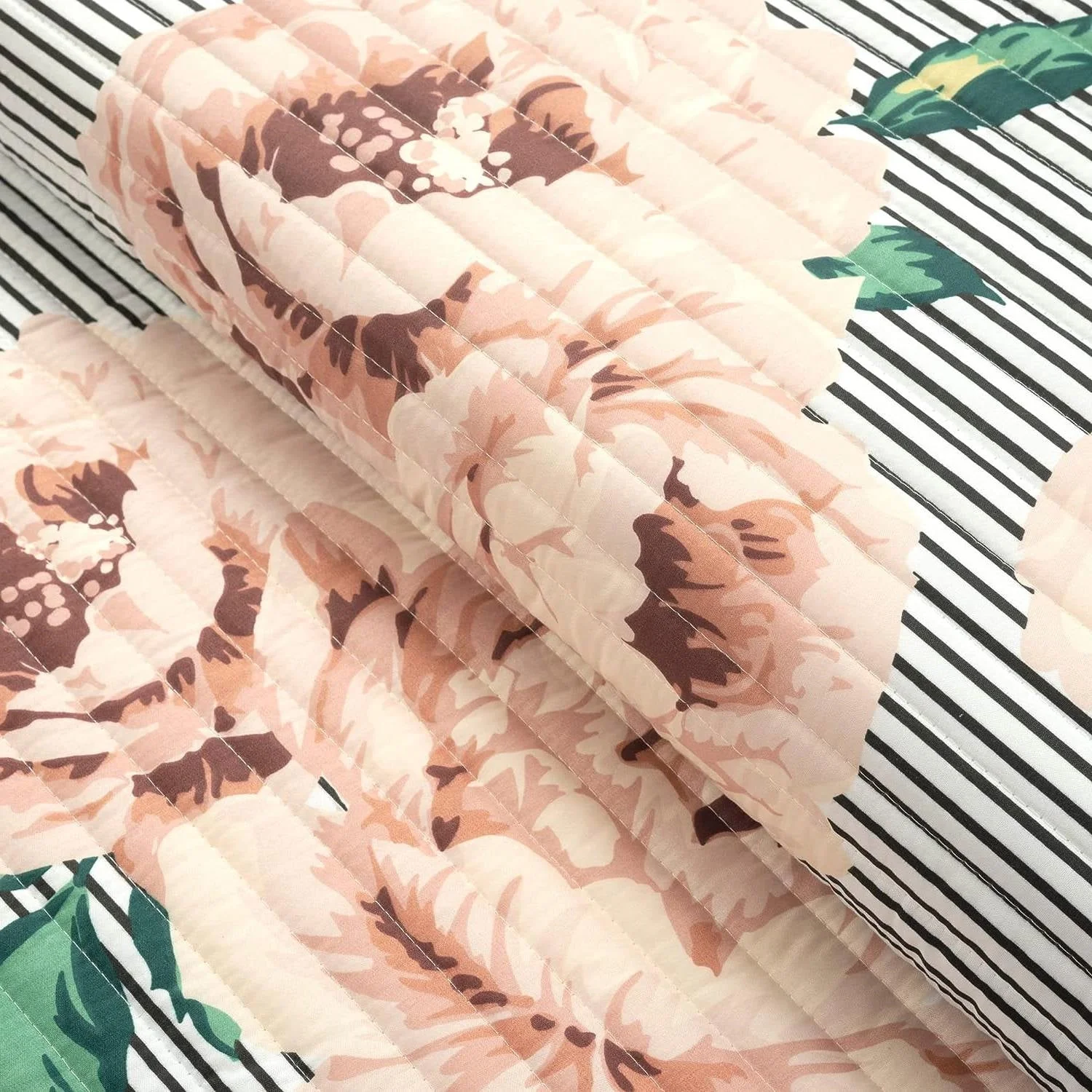 Twin/Twin XL Size Polyester Black White Striped Rose Floral 2 Piece Quilt Set - Image 4