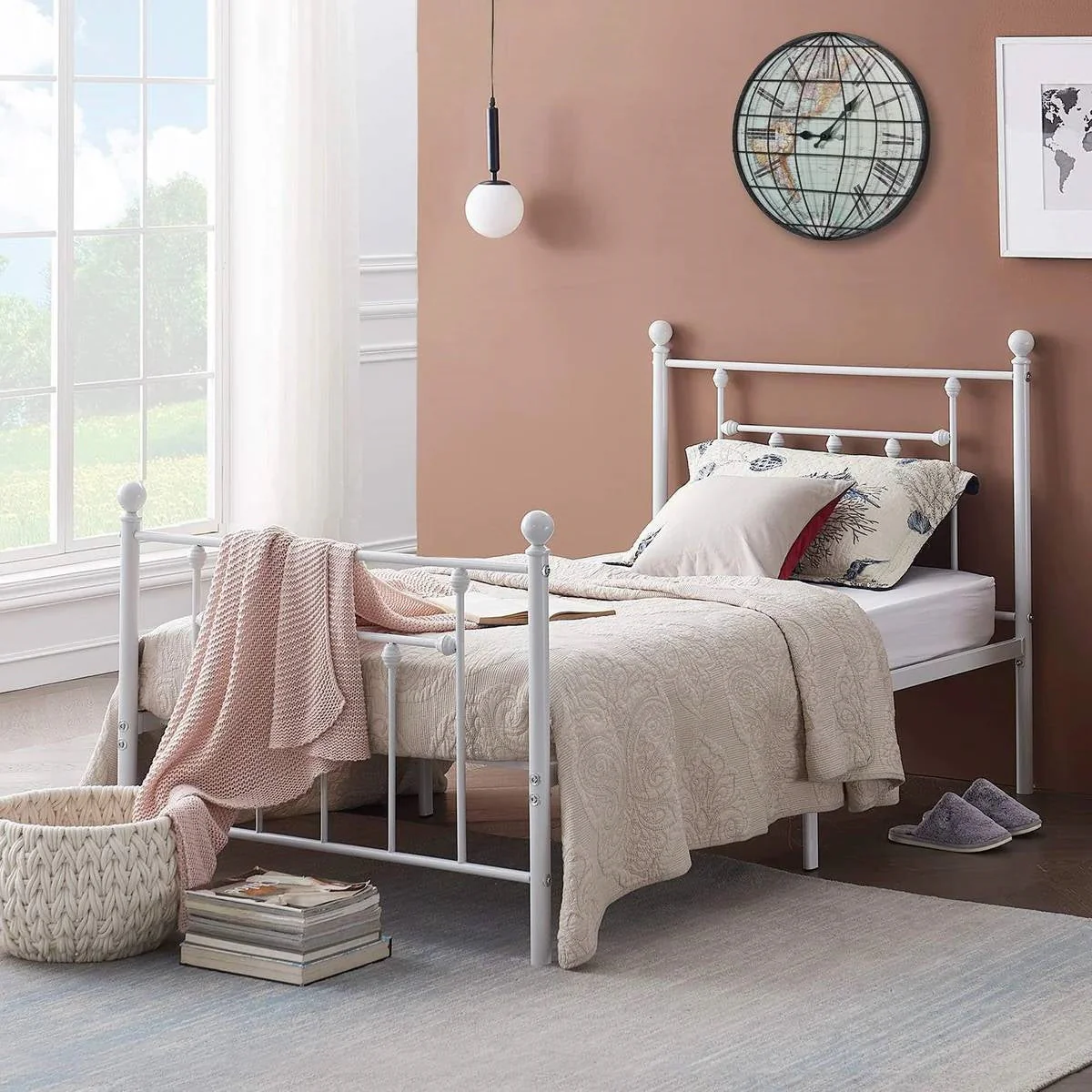 Twin Victorian Style White Metal Platform Bed Frame with Headboard Footboard - Image 2