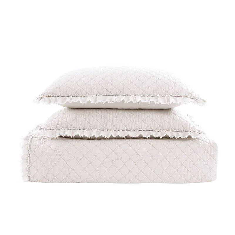 Twin White Farmhouse Microfiber Diamond Quilted Bedspread Set Frayed Edges - Image 2