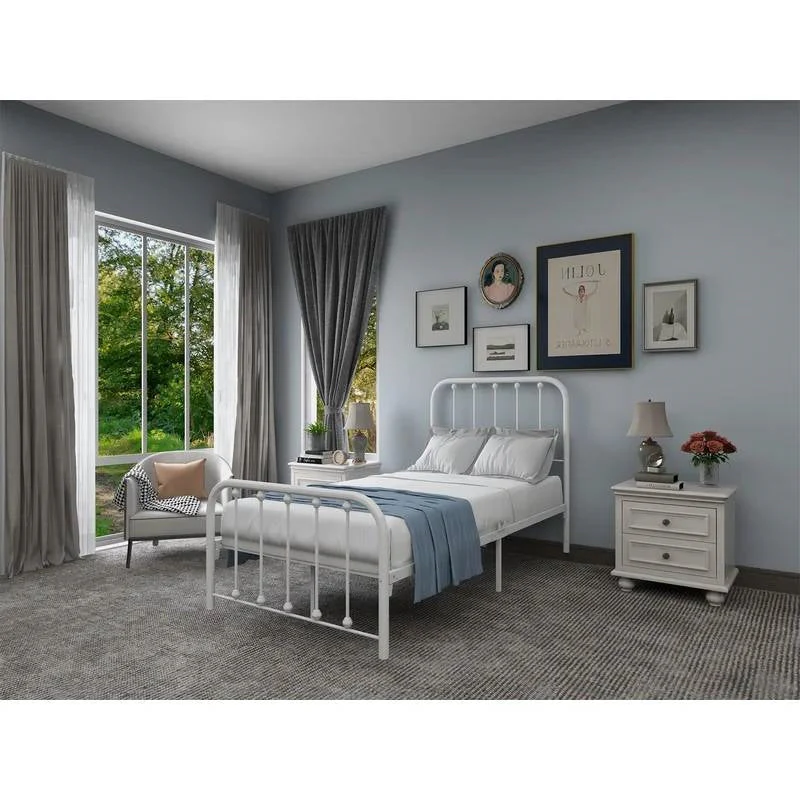 Twin White Metal Bed Frame with Slatted Rounded Corners Headboard and Footboard - Image 2