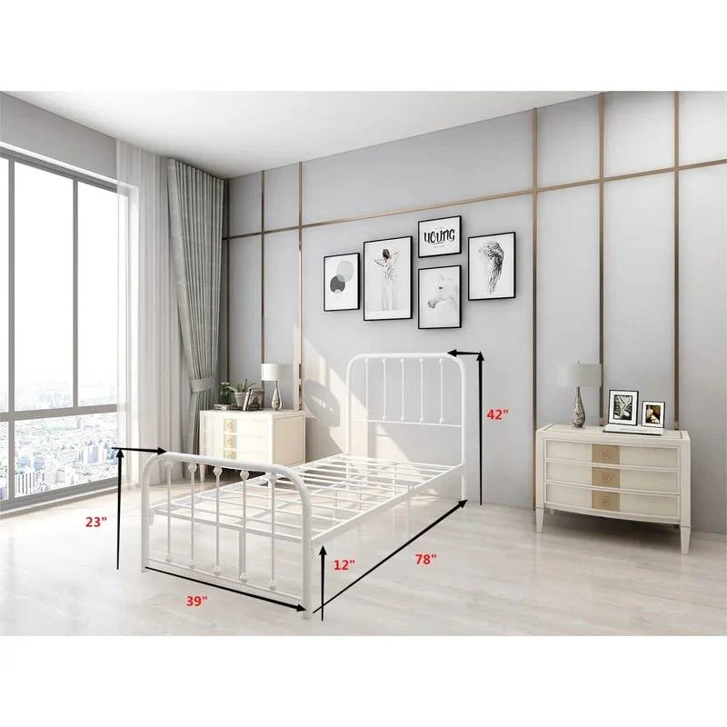 Twin White Metal Bed Frame with Slatted Rounded Corners Headboard and Footboard - Image 4
