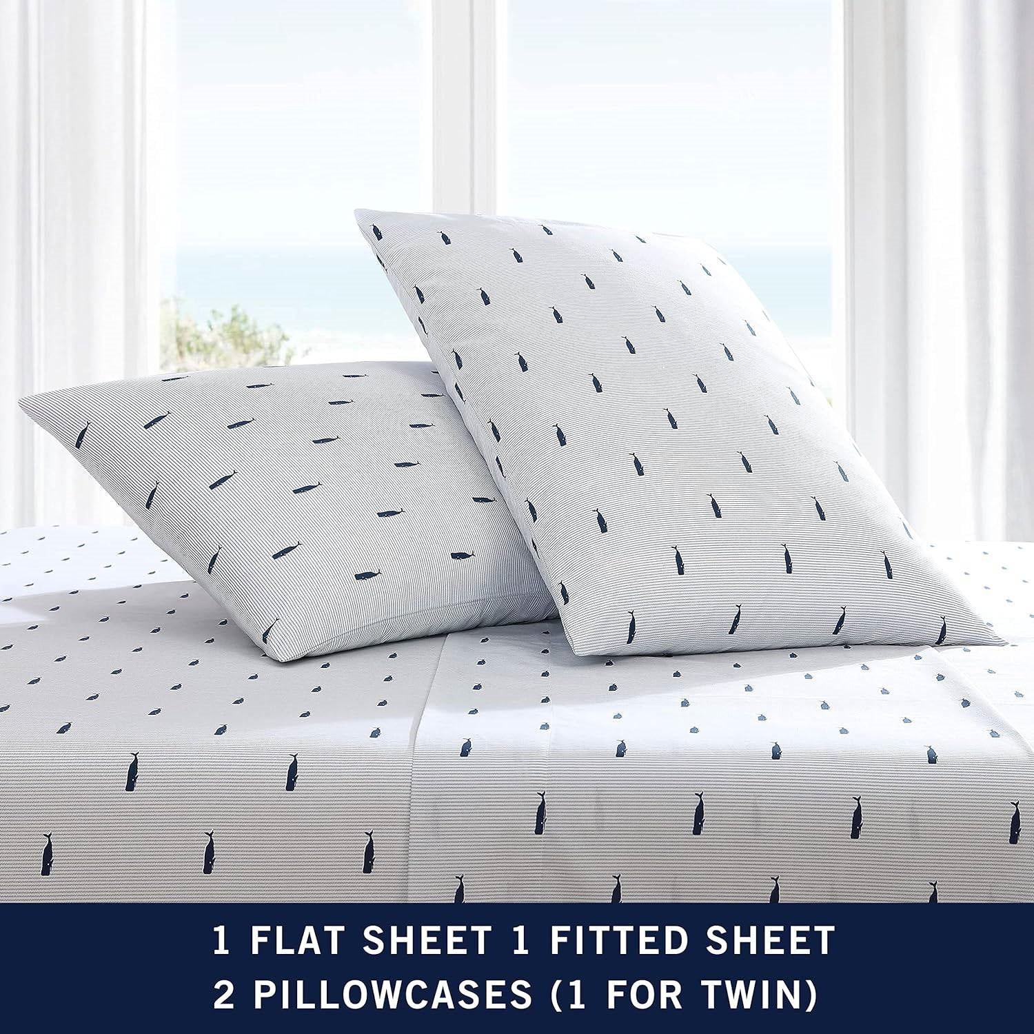 Twin XL size Coastal Beach 100-Percent Cotton Navy Blue White Stripe Sheet Set - Image 5