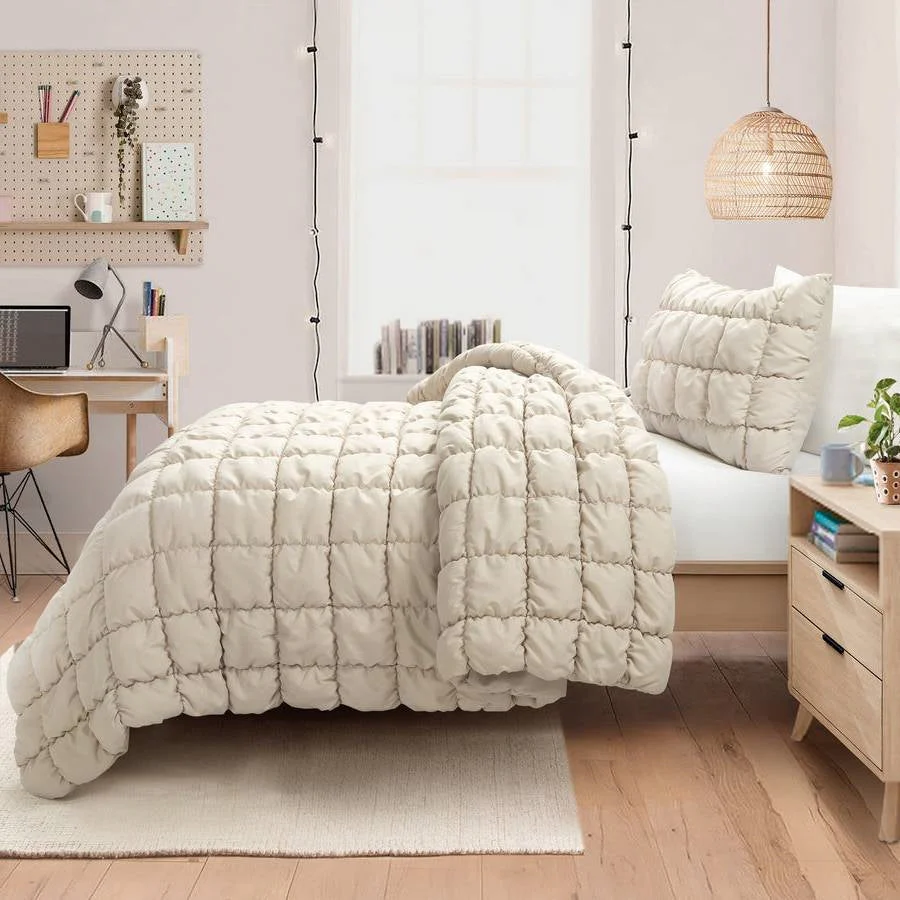 Twin/XL Soft Lightweight Puff Textured 2-Piece Comforter Set in Neutral Tan - Image 2