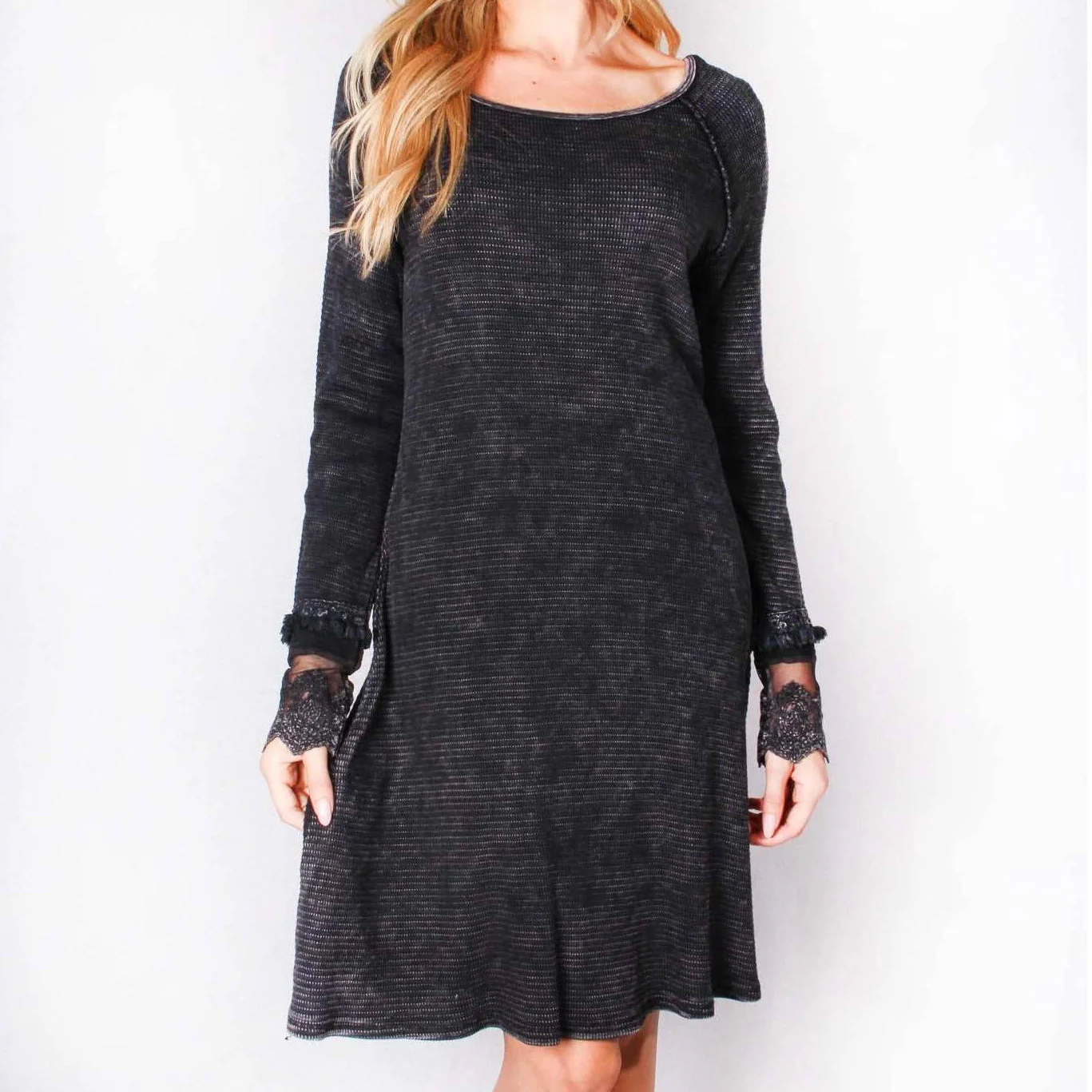 Ultimate '90s Princess Grunge Waffle Dress in Black with Lace Mesh Sleeve Detail | Y2K Mall Goth Long Sleeve Fall Winter Dress [SM-XL] - Image 10