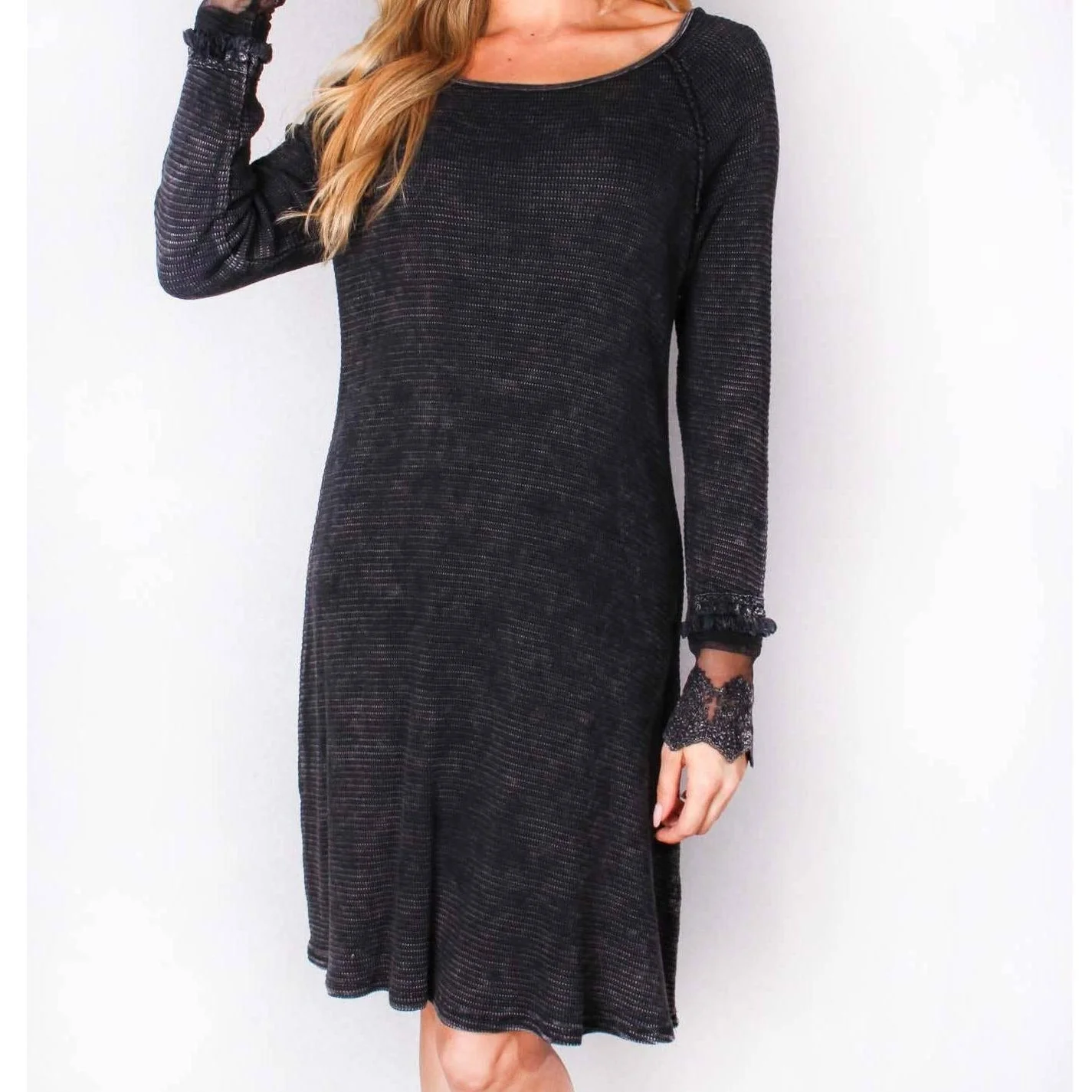 Ultimate '90s Princess Grunge Waffle Dress in Black with Lace Mesh Sleeve Detail | Y2K Mall Goth Long Sleeve Fall Winter Dress [SM-XL] - Image 11
