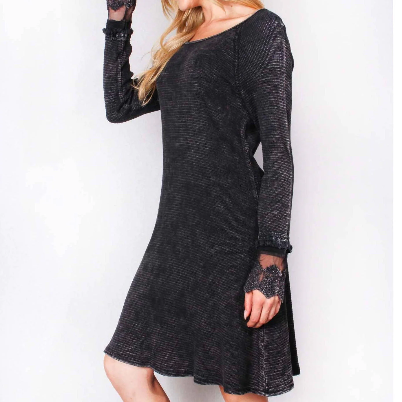 Ultimate '90s Princess Grunge Waffle Dress in Black with Lace Mesh Sleeve Detail | Y2K Mall Goth Long Sleeve Fall Winter Dress [SM-XL] - Image 12