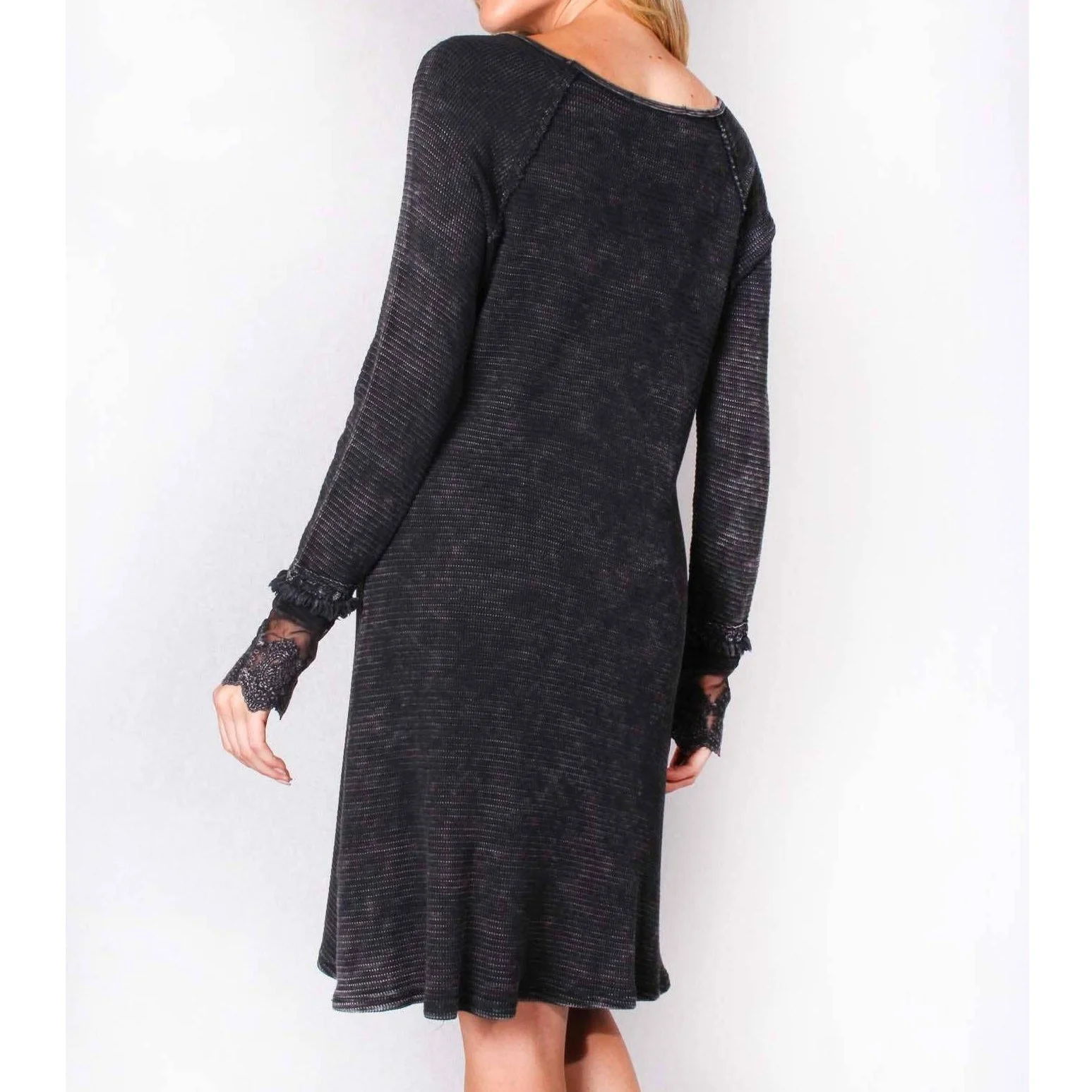 Ultimate '90s Princess Grunge Waffle Dress in Black with Lace Mesh Sleeve Detail | Y2K Mall Goth Long Sleeve Fall Winter Dress [SM-XL] - Image 13