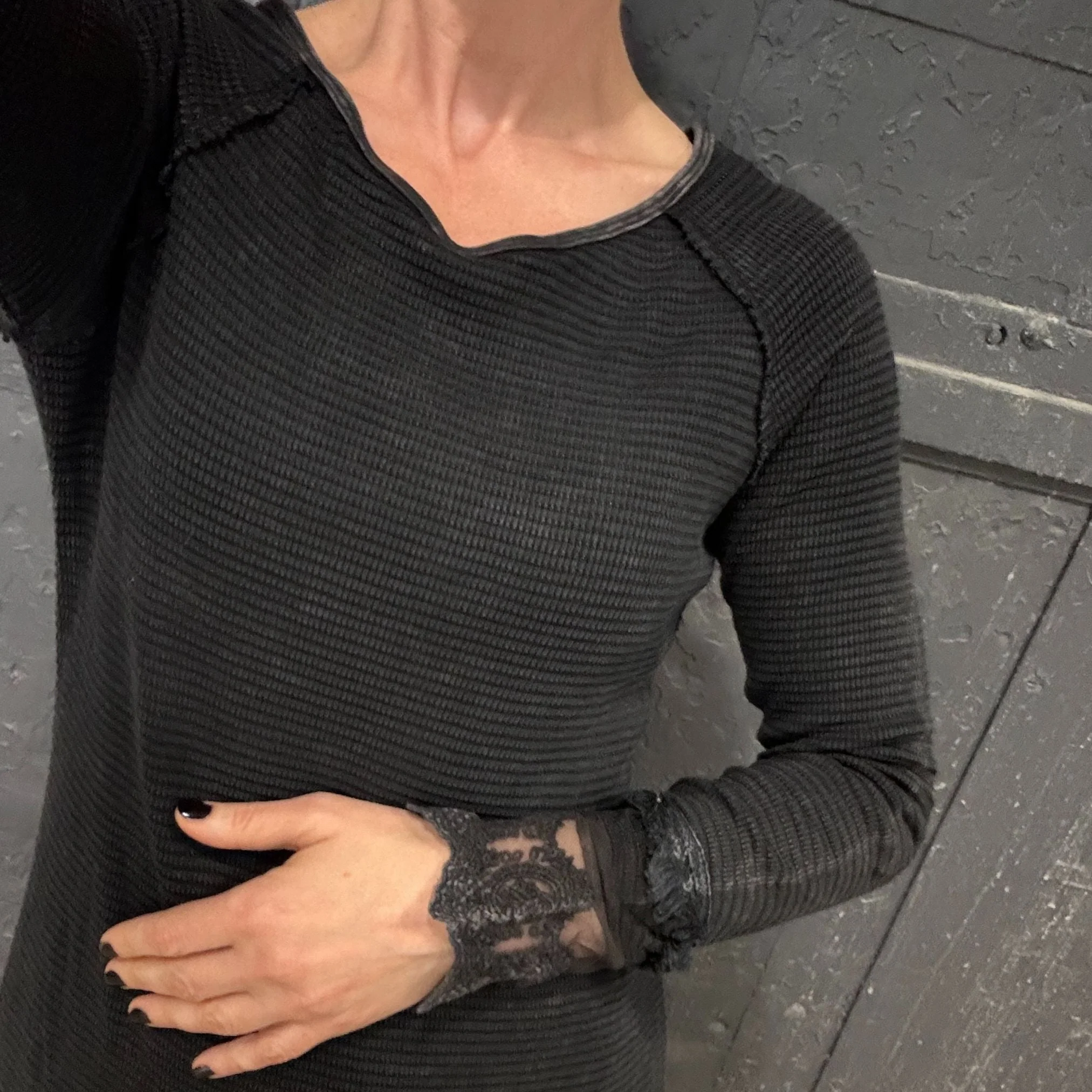 Ultimate '90s Princess Grunge Waffle Dress in Black with Lace Mesh Sleeve Detail | Y2K Mall Goth Long Sleeve Fall Winter Dress [SM-XL] - Image 14