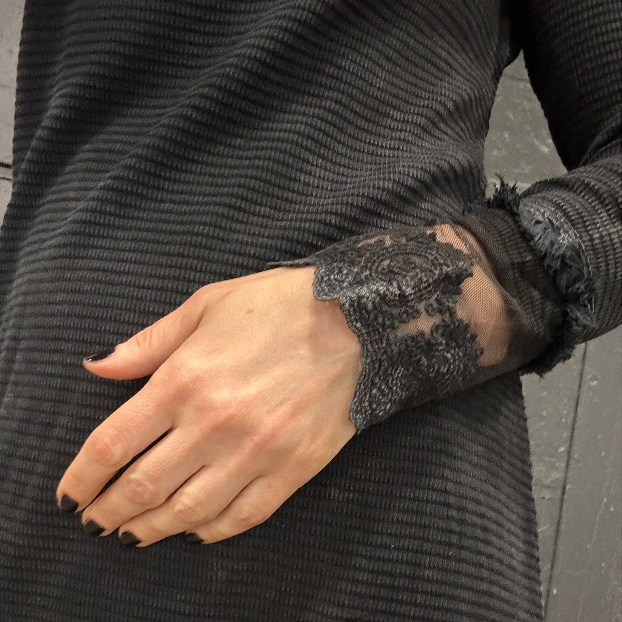 Ultimate '90s Princess Grunge Waffle Dress in Black with Lace Mesh Sleeve Detail | Y2K Mall Goth Long Sleeve Fall Winter Dress [SM-XL] - Image 15
