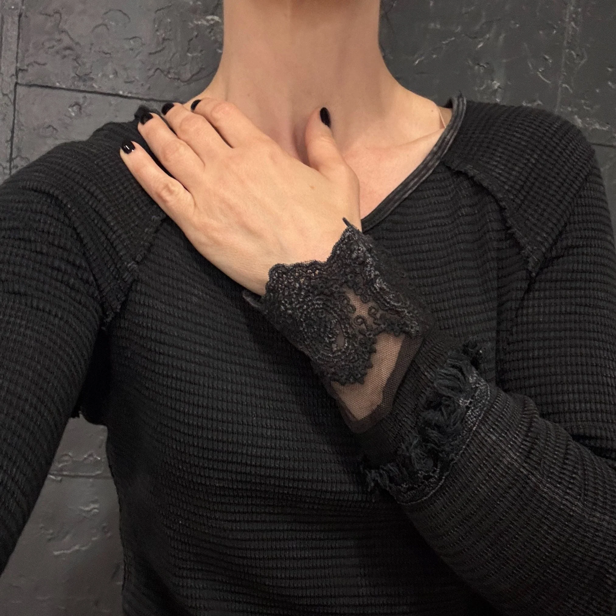 Ultimate '90s Princess Grunge Waffle Dress in Black with Lace Mesh Sleeve Detail | Y2K Mall Goth Long Sleeve Fall Winter Dress [SM-XL] - Image 19