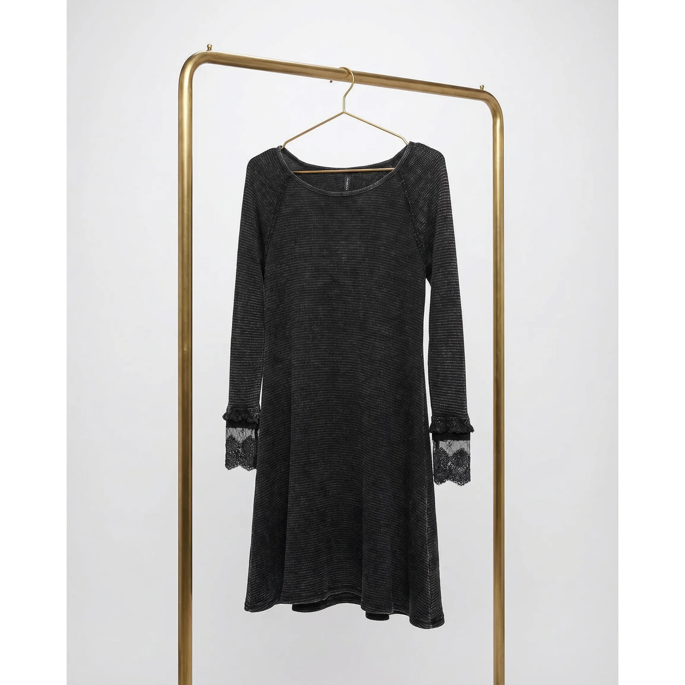 Ultimate '90s Princess Grunge Waffle Dress in Black with Lace Mesh Sleeve Detail | Y2K Mall Goth Long Sleeve Fall Winter Dress [SM-XL] - Image 2