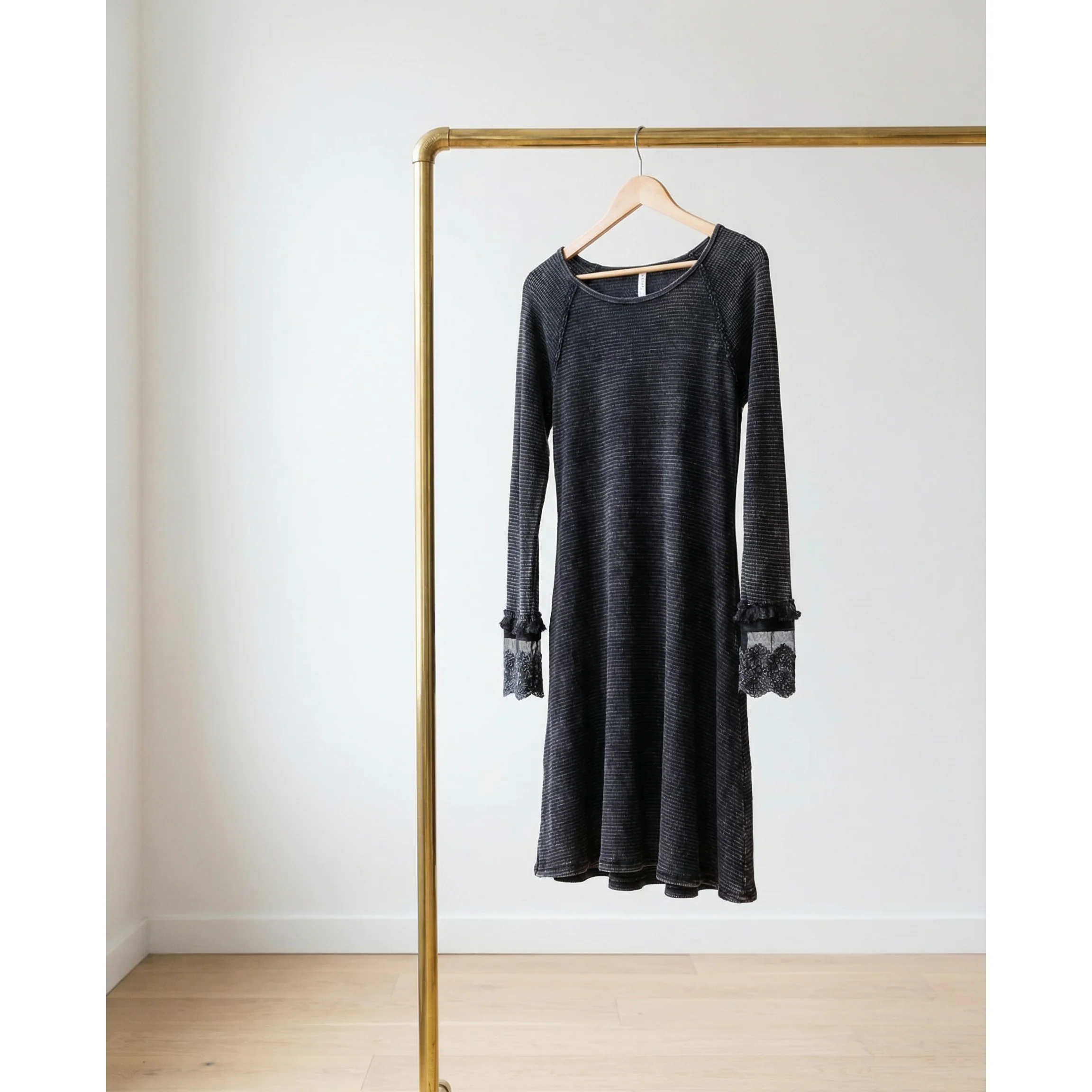 Ultimate '90s Princess Grunge Waffle Dress in Black with Lace Mesh Sleeve Detail | Y2K Mall Goth Long Sleeve Fall Winter Dress [SM-XL] - Image 22