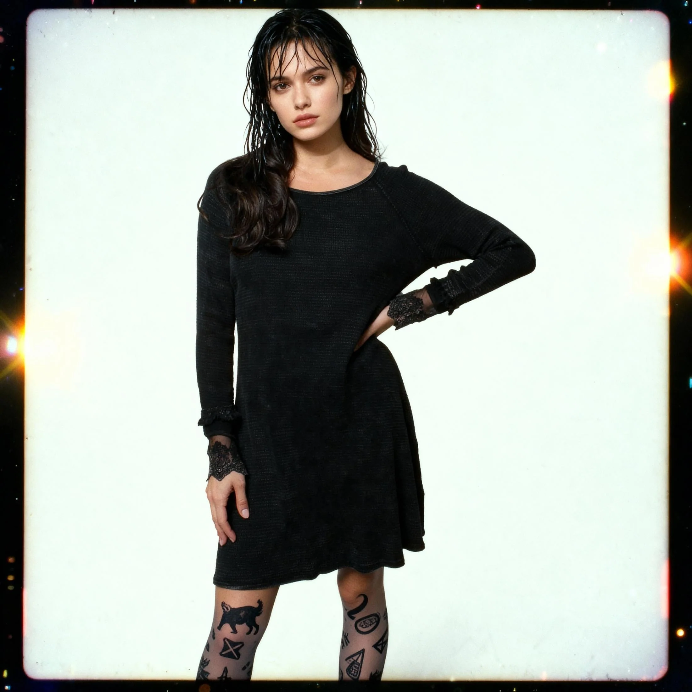 Ultimate '90s Princess Grunge Waffle Dress in Black with Lace Mesh Sleeve Detail | Y2K Mall Goth Long Sleeve Fall Winter Dress [SM-XL] - Image 3