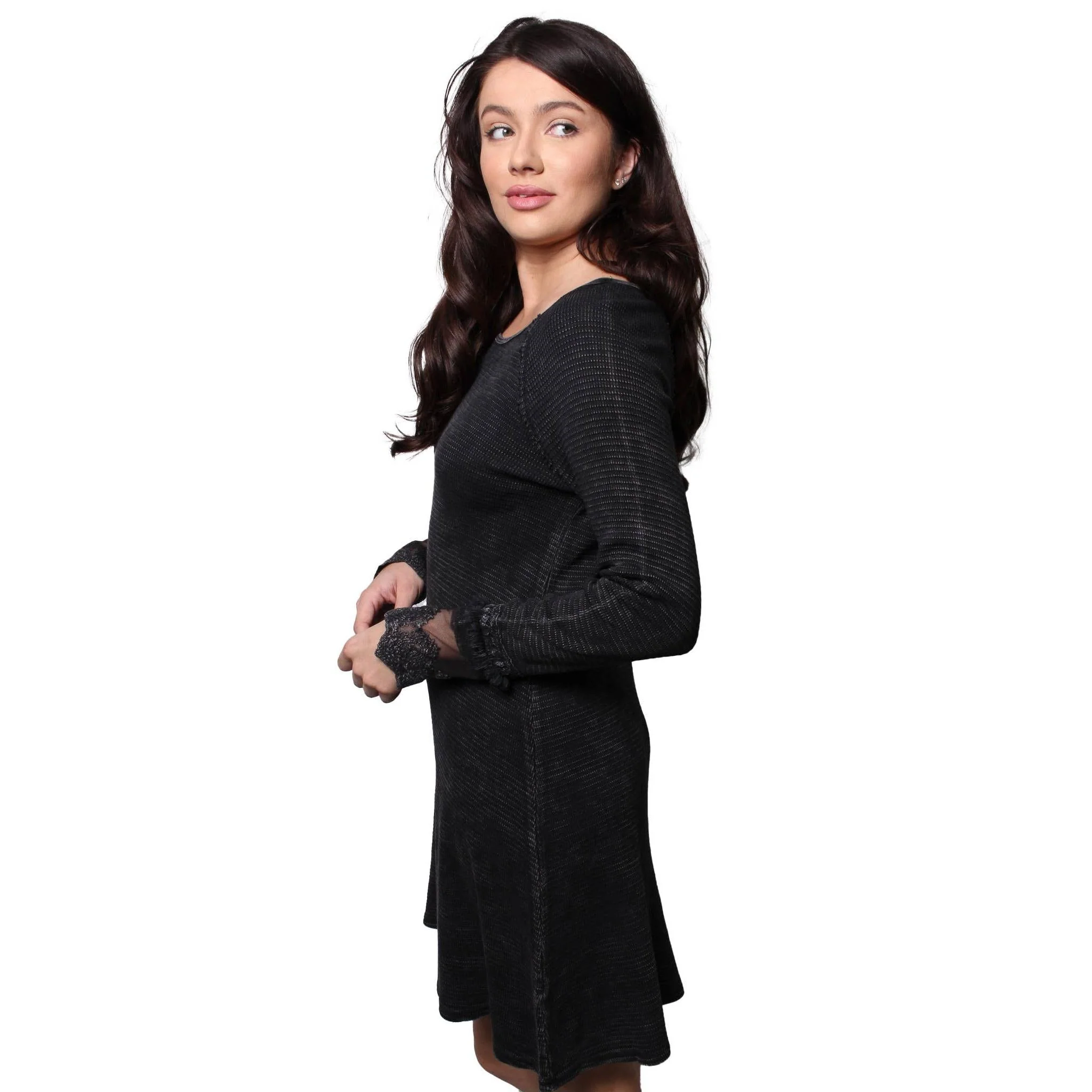 Ultimate '90s Princess Grunge Waffle Dress in Black with Lace Mesh Sleeve Detail | Y2K Mall Goth Long Sleeve Fall Winter Dress [SM-XL] - Image 4
