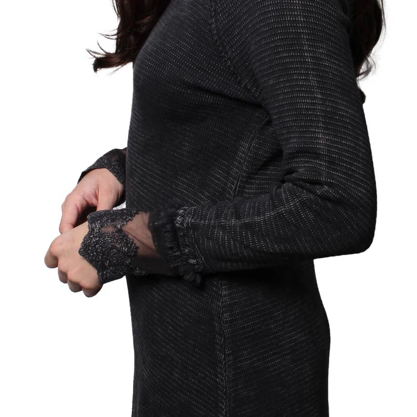 Ultimate '90s Princess Grunge Waffle Dress in Black with Lace Mesh Sleeve Detail | Y2K Mall Goth Long Sleeve Fall Winter Dress [SM-XL] - Image 5
