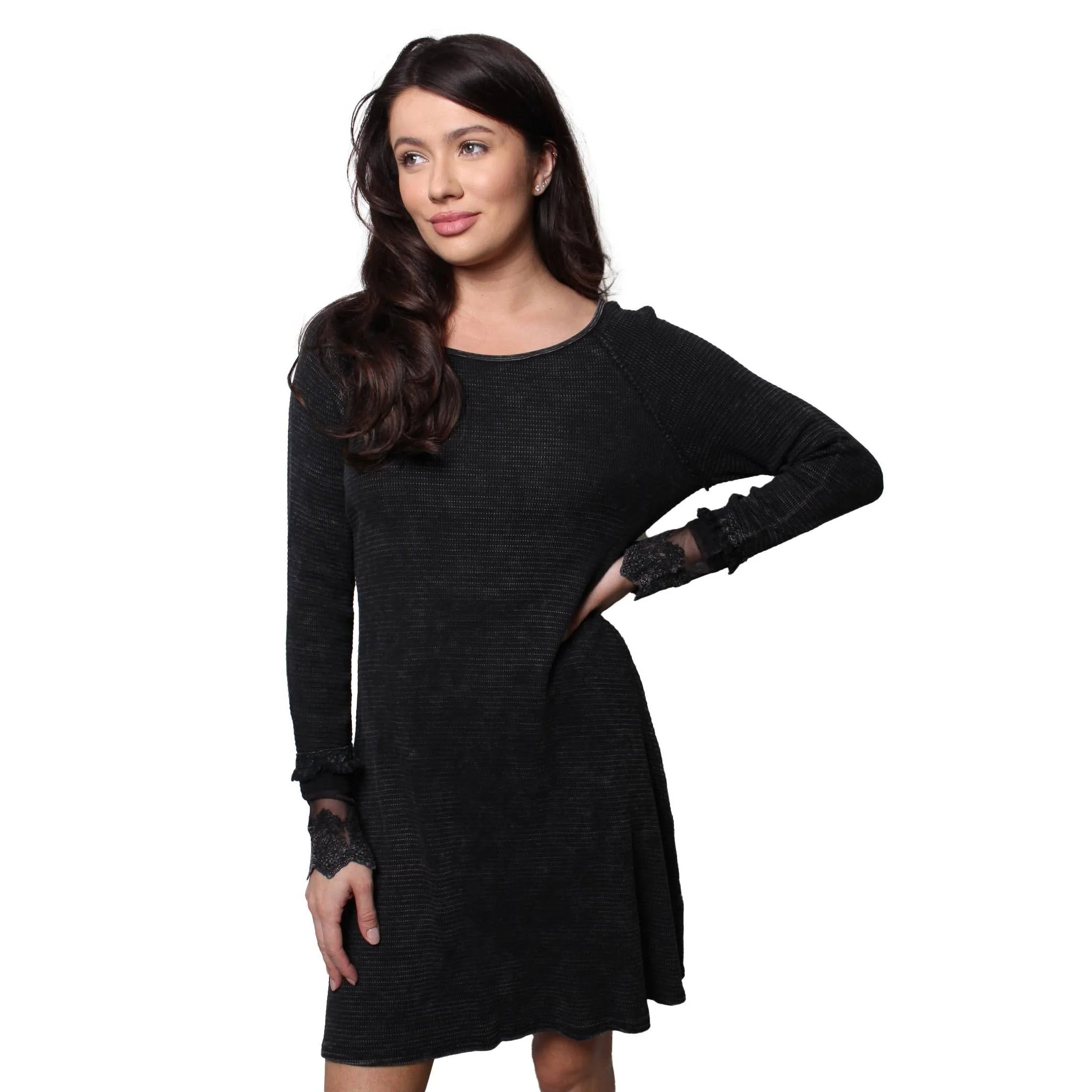Ultimate '90s Princess Grunge Waffle Dress in Black with Lace Mesh Sleeve Detail | Y2K Mall Goth Long Sleeve Fall Winter Dress [SM-XL] - Image 6