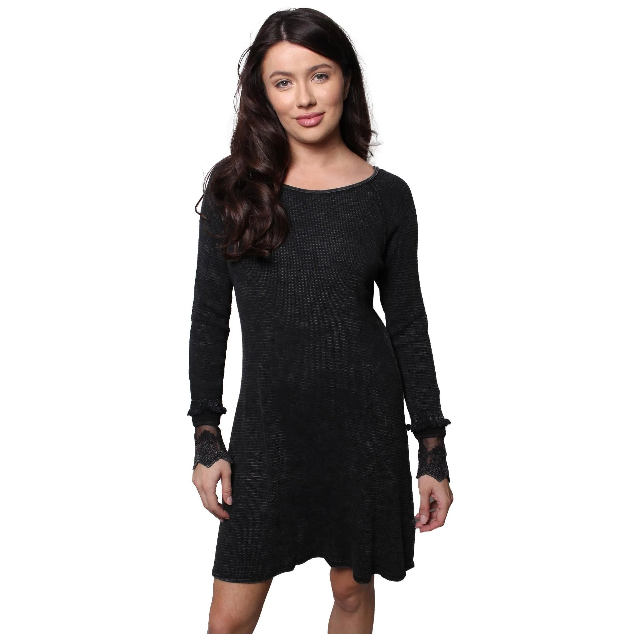 Ultimate '90s Princess Grunge Waffle Dress in Black with Lace Mesh Sleeve Detail | Y2K Mall Goth Long Sleeve Fall Winter Dress [SM-XL] - Image 7