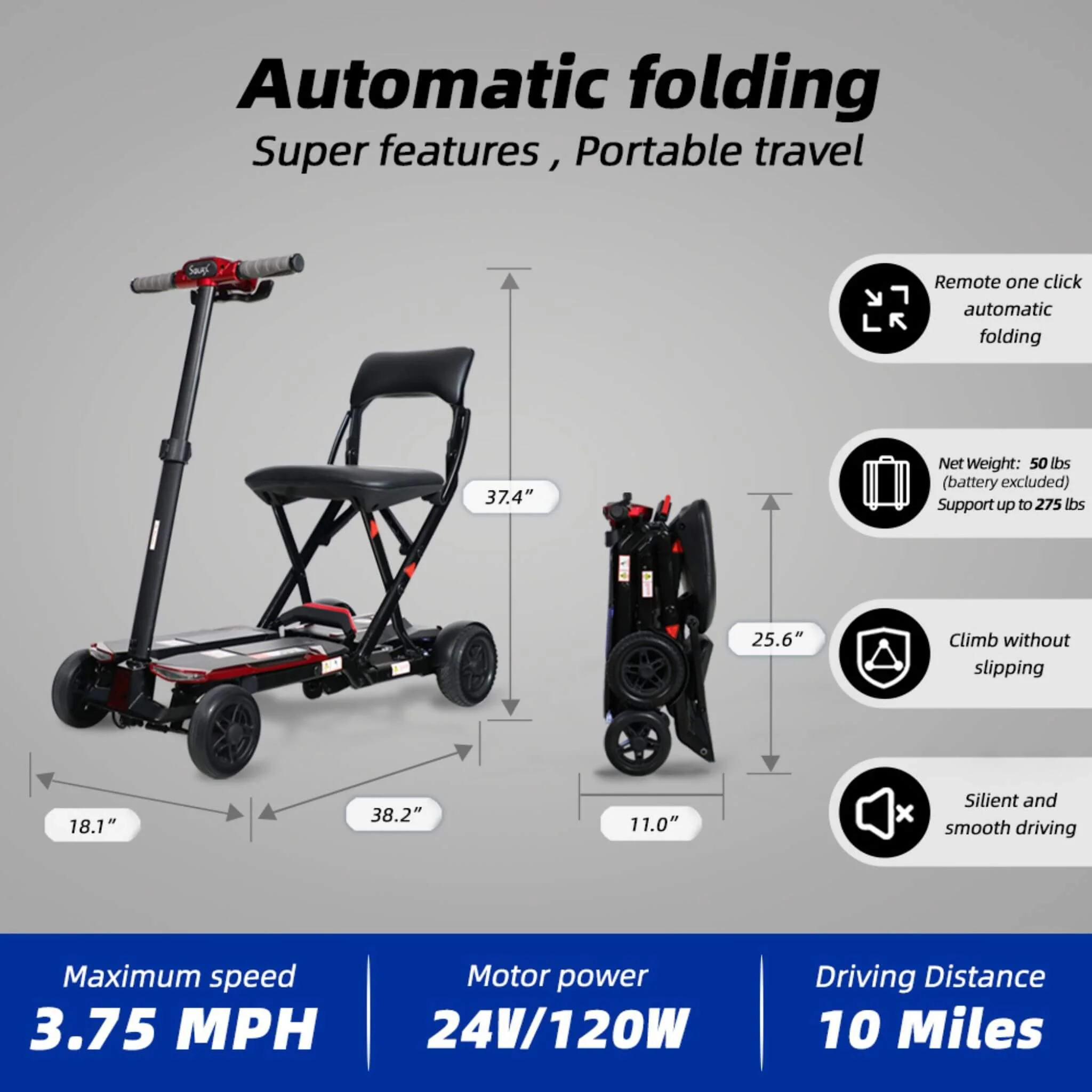 Ultra Lightweight 4-Wheel Folding Mobility Scooter With Remote For Adults And Elderly (SAK58976) - Image 3