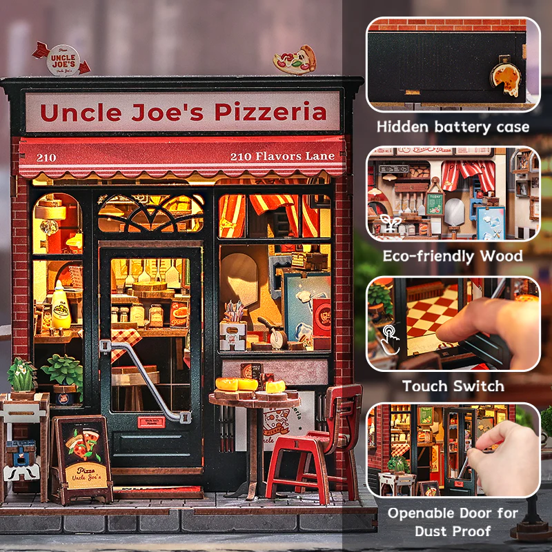 Uncle Joe's Pizzeria Dollhouse Kit - Miniature Wizardi Roombox Kit with LED Light F07M51-92-CWGC210 - Image 2