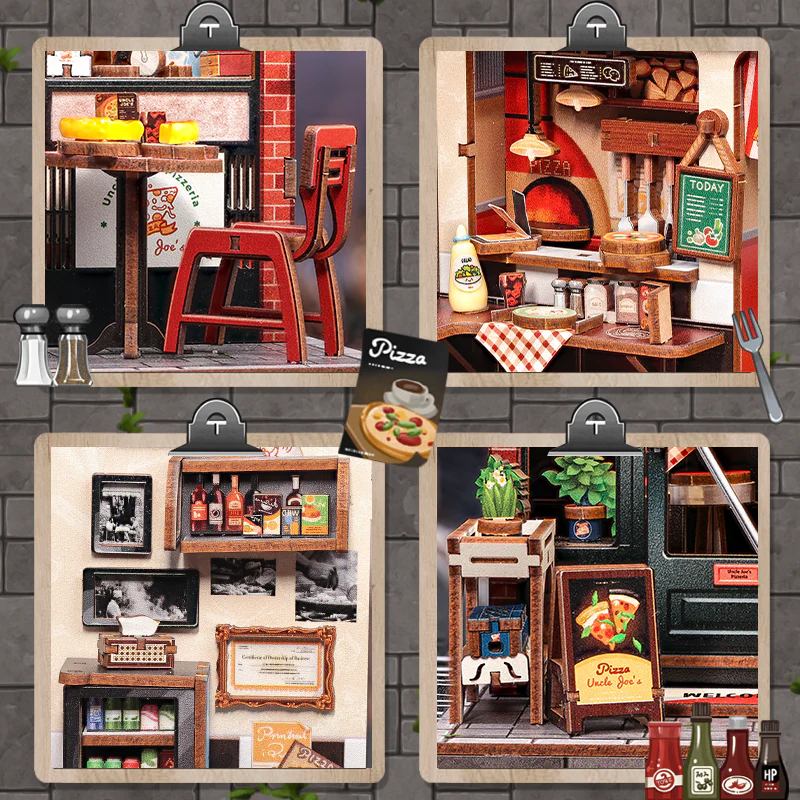 Uncle Joe's Pizzeria Dollhouse Kit - Miniature Wizardi Roombox Kit with LED Light F07M51-92-CWGC210 - Image 3