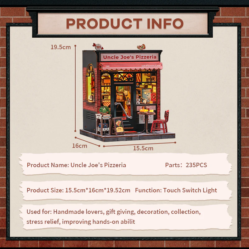Uncle Joe's Pizzeria Dollhouse Kit - Miniature Wizardi Roombox Kit with LED Light F07M51-92-CWGC210 - Image 5