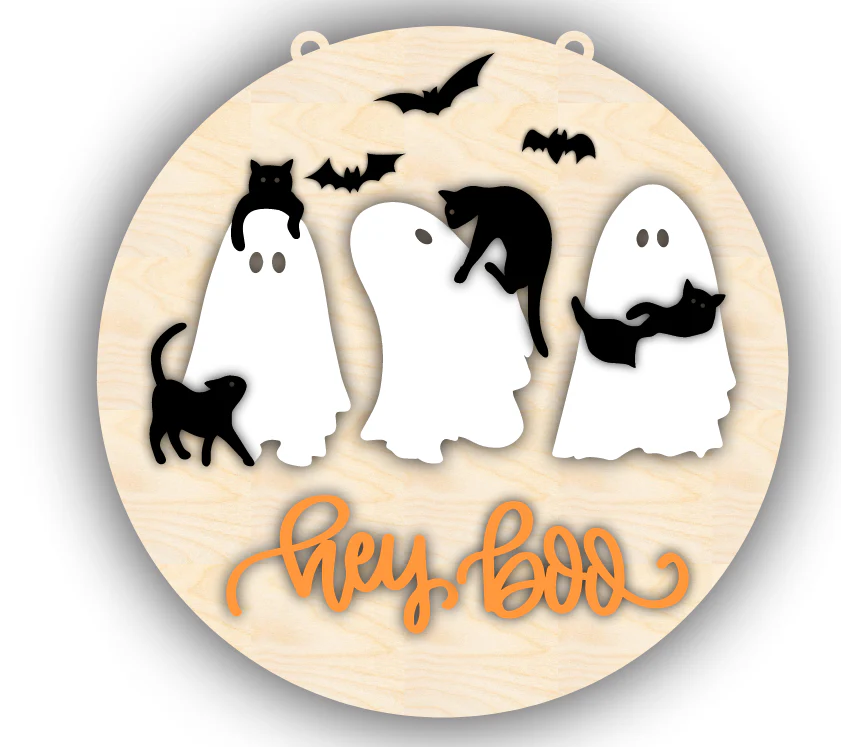 Unfinished Wood Hey Boo Ghost Cat Door Sign Kit | Wood Craft Cutouts | 1/4" Thick | - Image 2