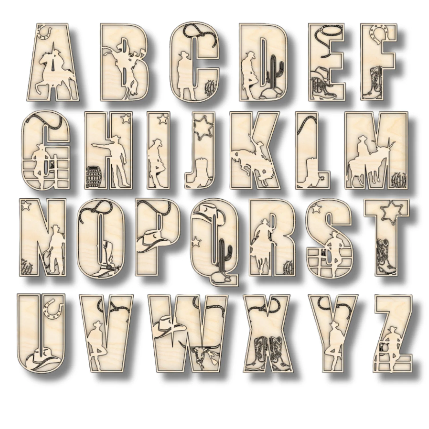 Unfinished Wood Layered Themed Letters | Rodeo | A-Z | 2 Piece | up to 24" - Image 3